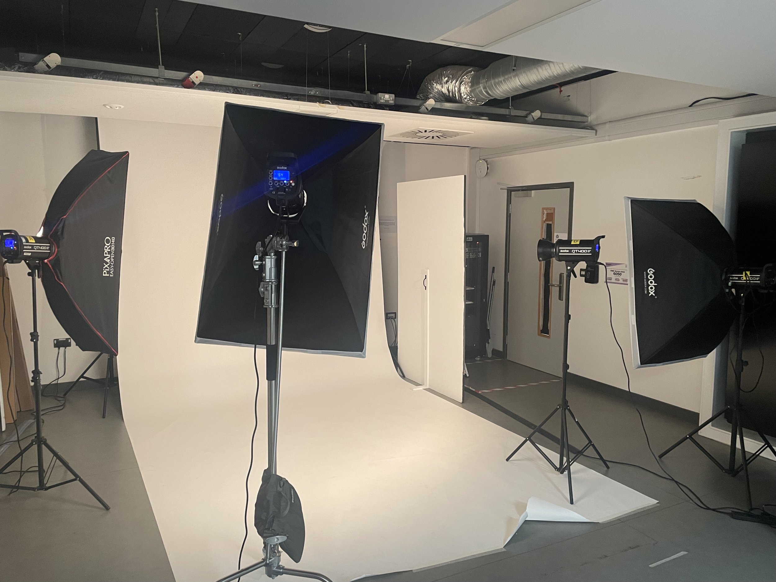 Photography studio with a plain white backdrop, three large softbox lights on stands, and various equipment, set up for a photo shoot.