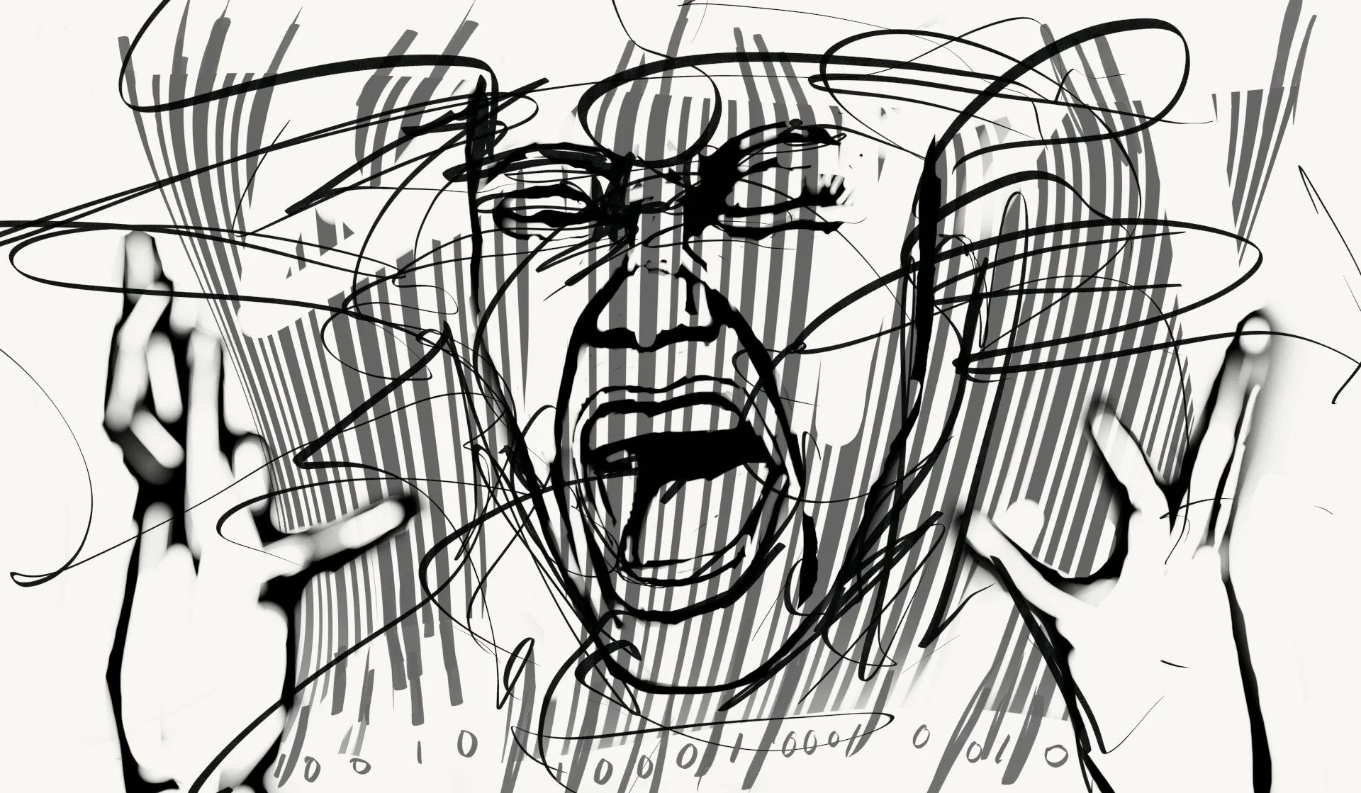 An abstract, sketch-style illustration of a person with an expression of anger or frustration, shouting with hands raised near their face. The image uses black lines on a light background with some striped shading.