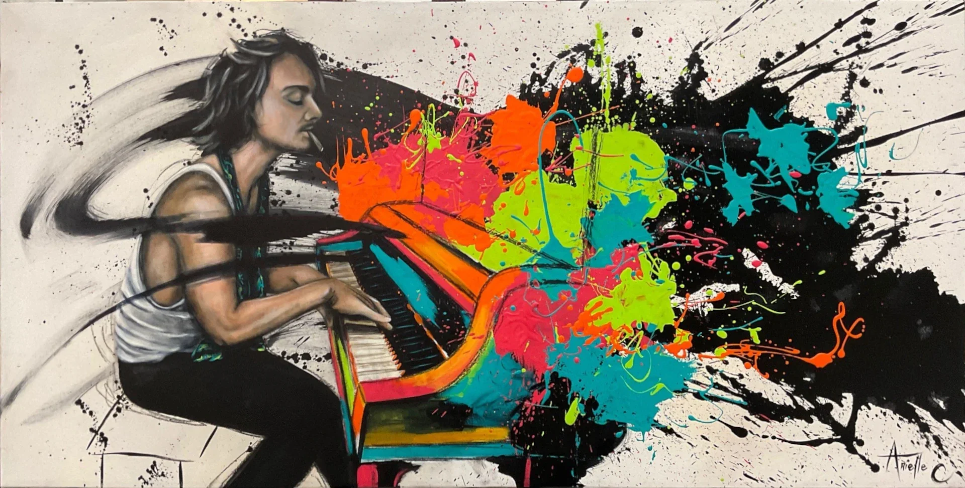 Acrylic painting of a man playing his soul on the piano