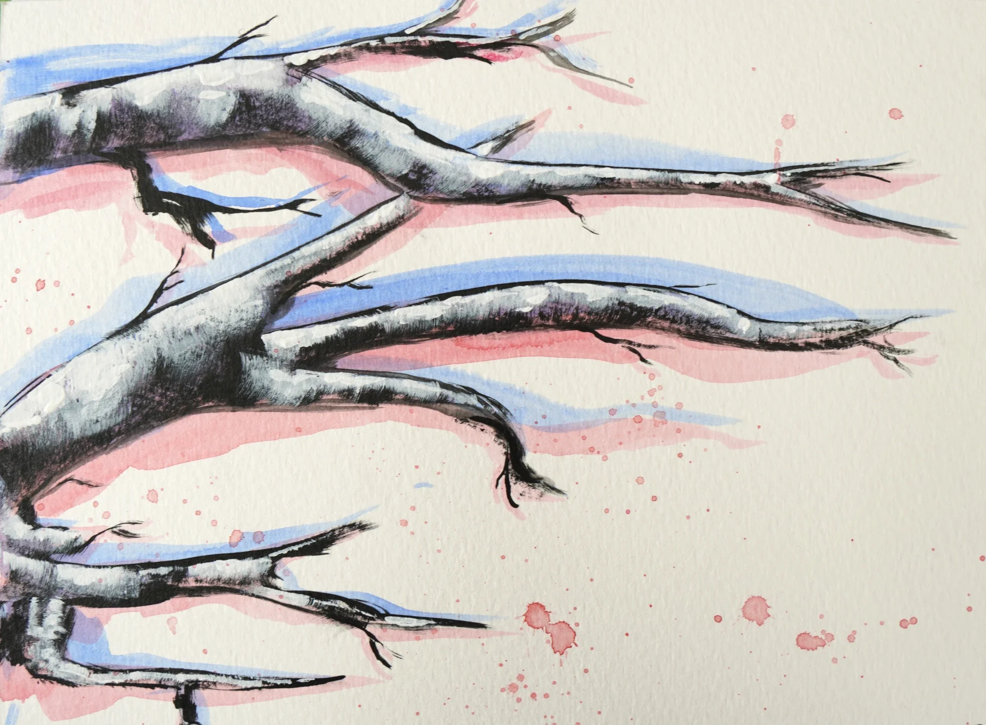 Watercolor painting of tree branches with pink and blue background splashes.