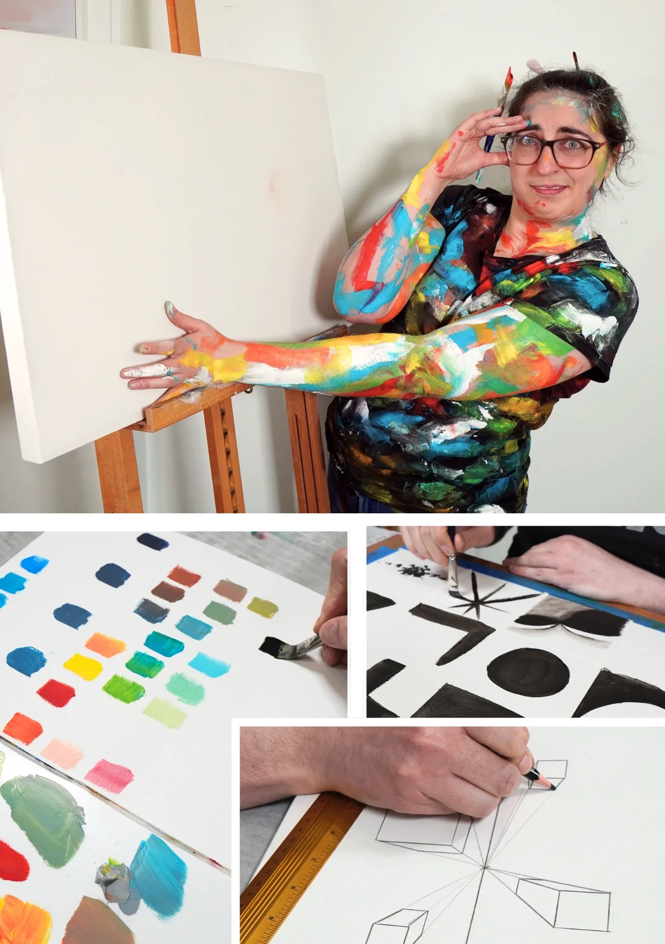 A woman covered in multicolored paint standing next to a blank canvas on an easel, with art supplies including palette, brushes, and sketches of geometric shapes and designs.