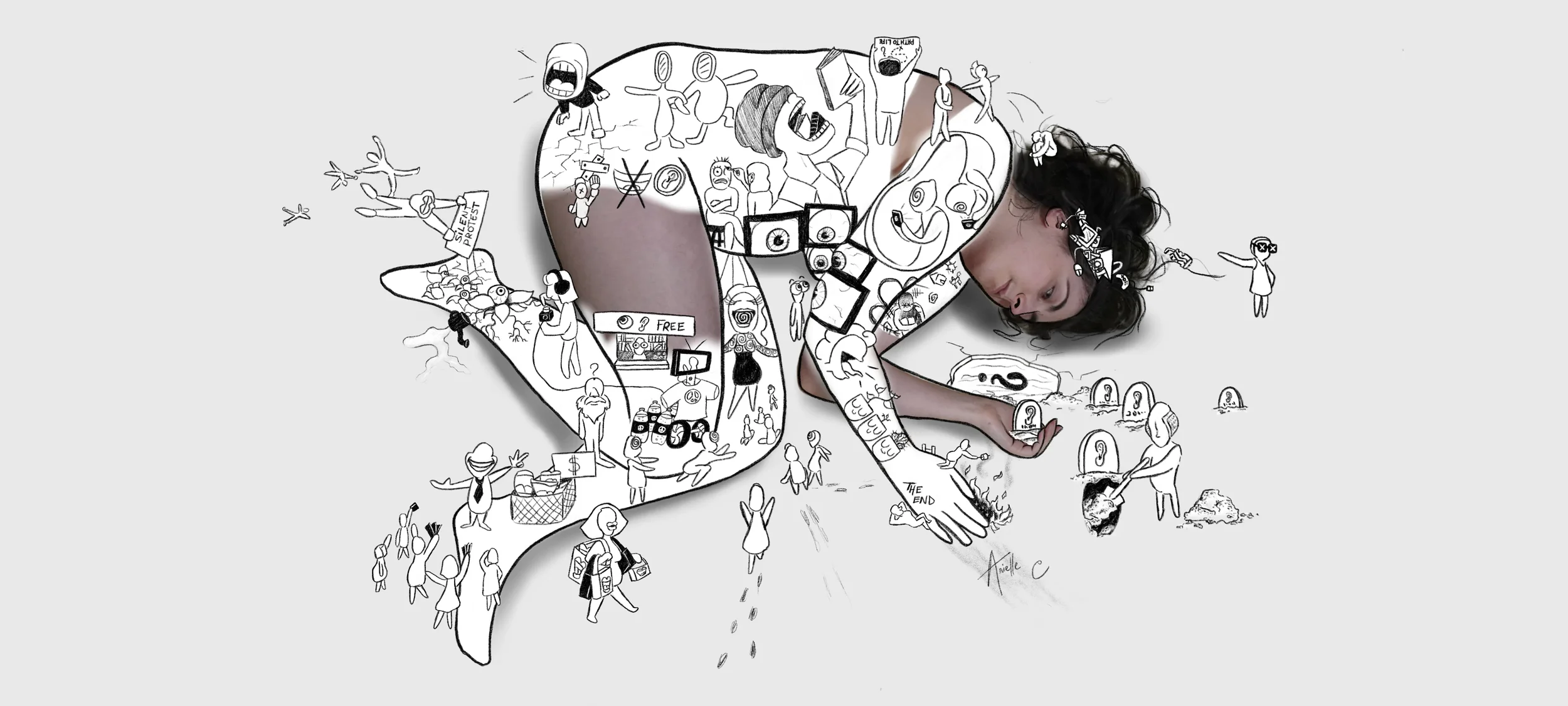 A black-and-white artistic drawing of a woman's body, surrounded by various cartoon-style scenes and characters, depicting different activities and emotions.