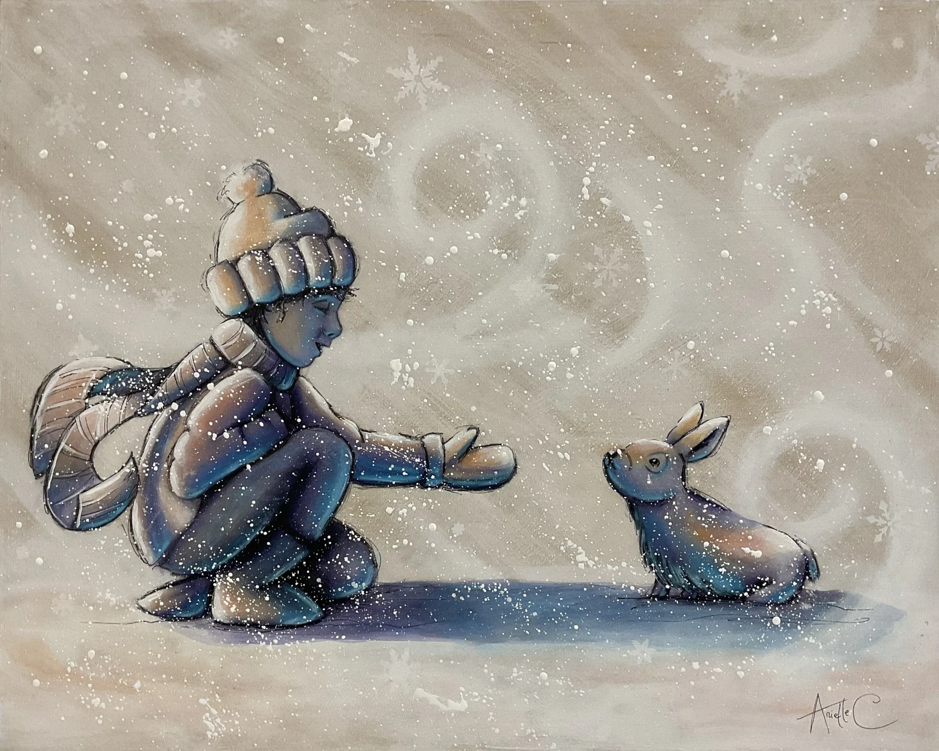 Acrylic painting of a child meeting a rabbit during winter