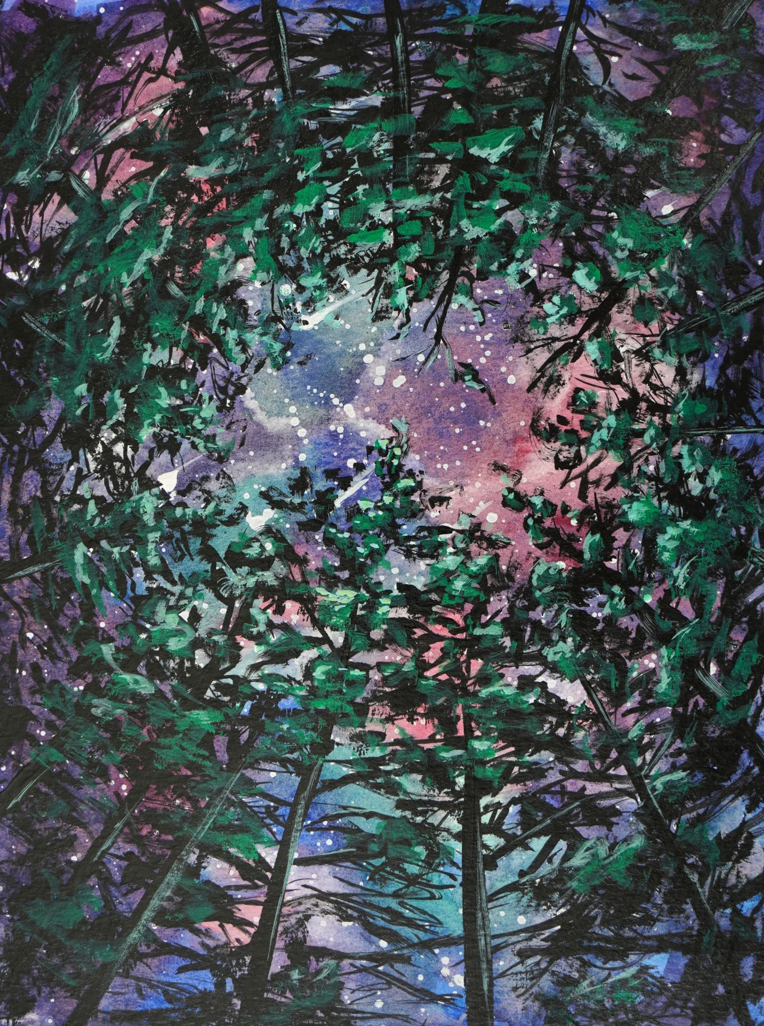 Painting of a night sky viewed through tree branches, with stars and colorful nebulae visible.