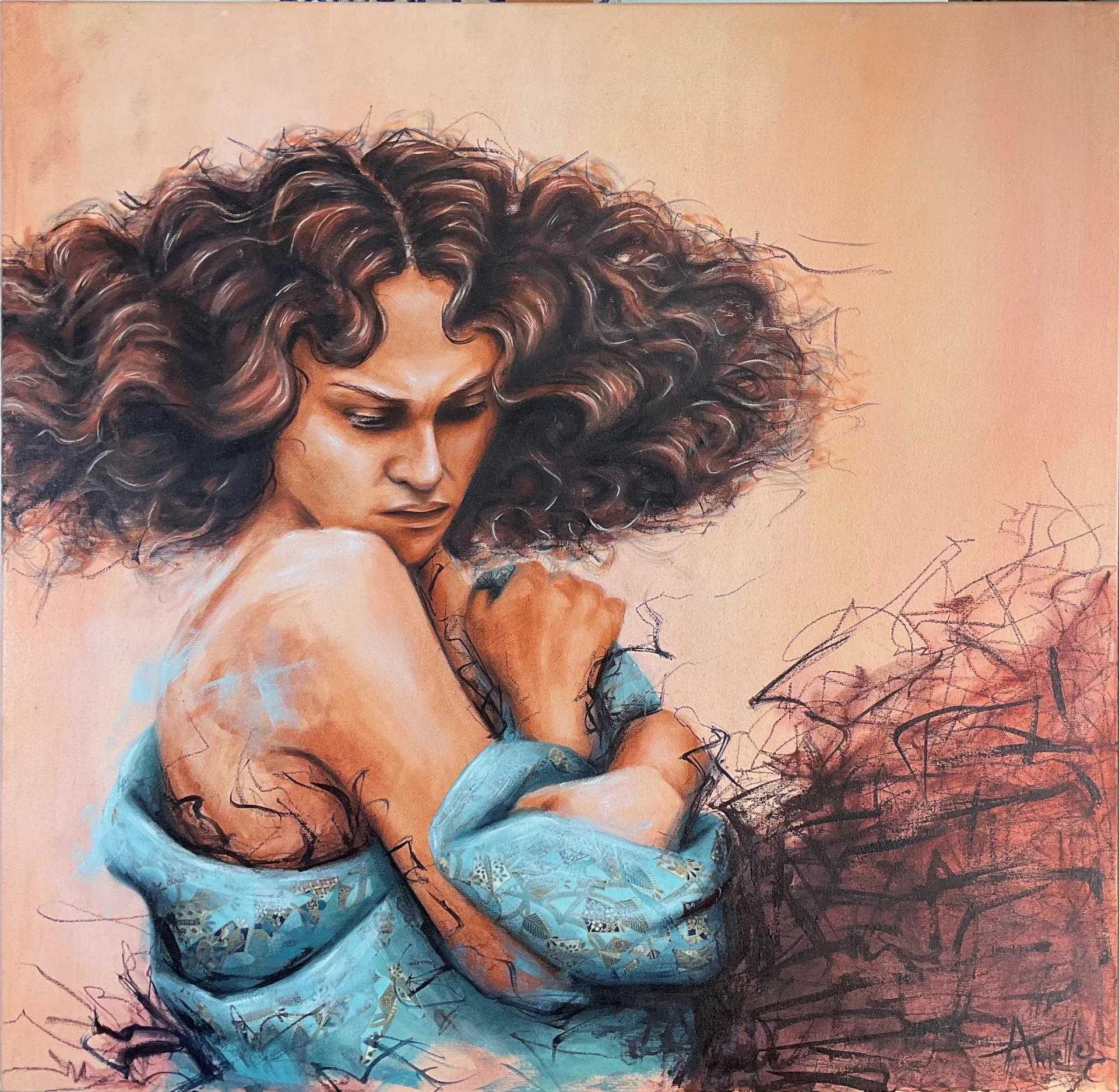 Painting of a woman with curly brown hair, looking down in a contemplative pose, wearing a blue patterned garment.