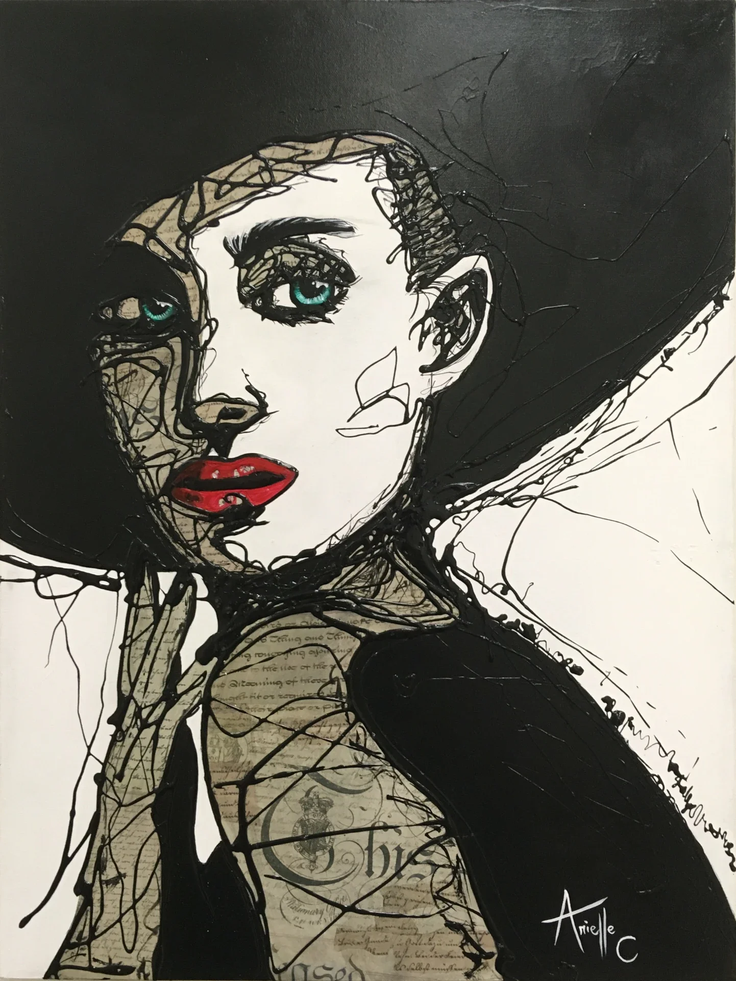 Acrylic dripping and collage of silk paper portaying a stylish woman