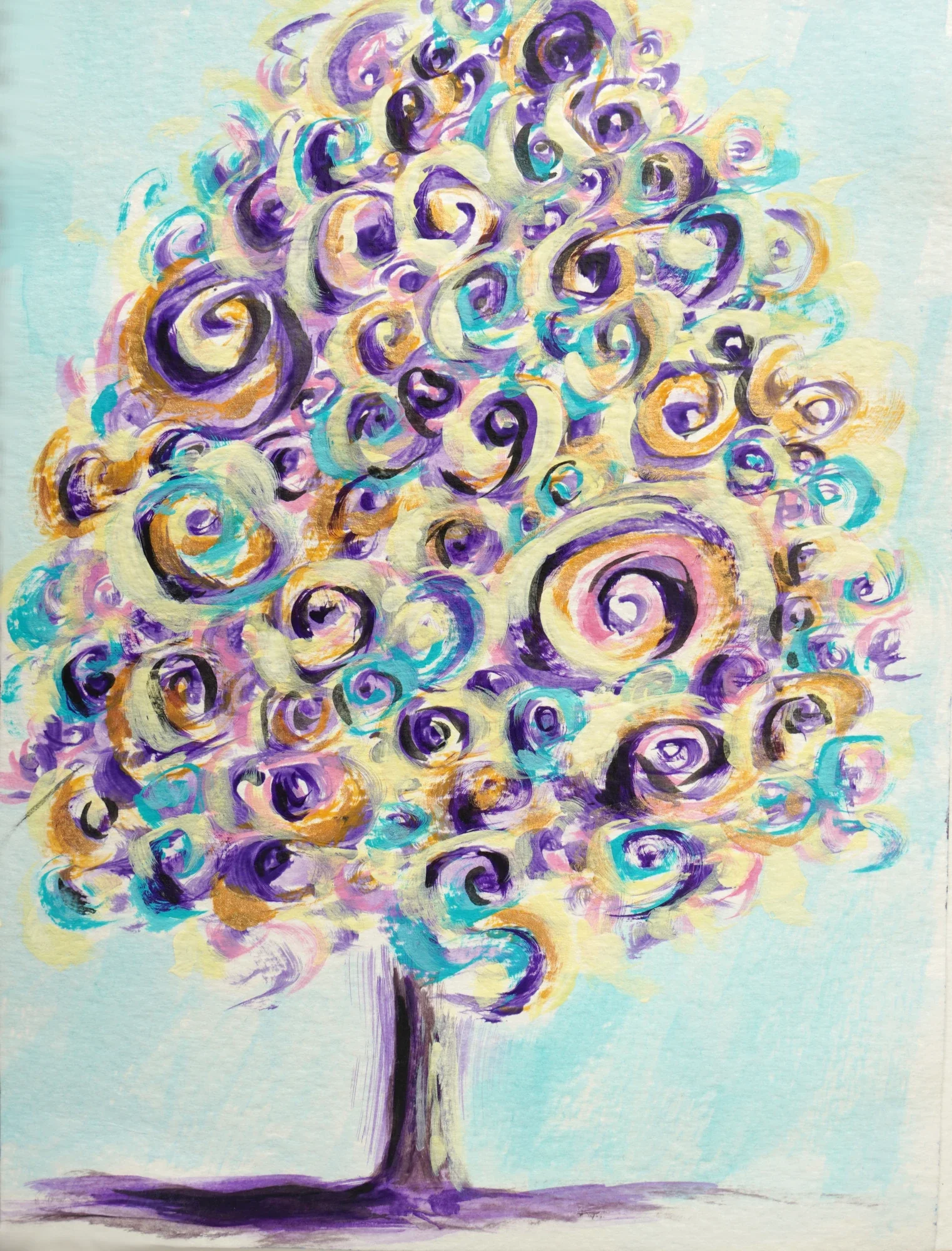 Abstract painting of a tree with swirling, colorful leaves in shades of purple, blue, yellow, and cream on a light blue background.