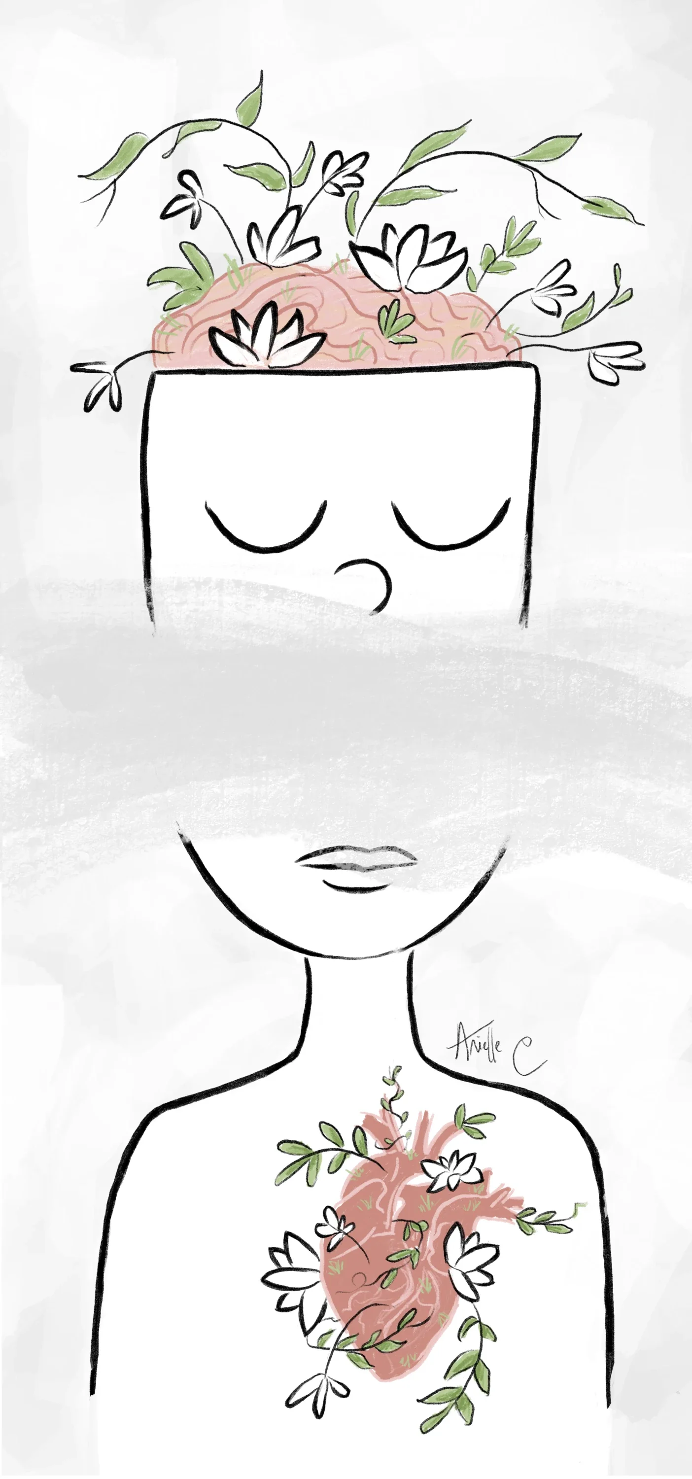 A black and white sketch of a person's face and upper body with a closed-eye expression. The head appears as a block with a pink brain and green leaves and white flowers growing from it, and the chest has a large pink heart surrounded by similar green leaves and white flowers.