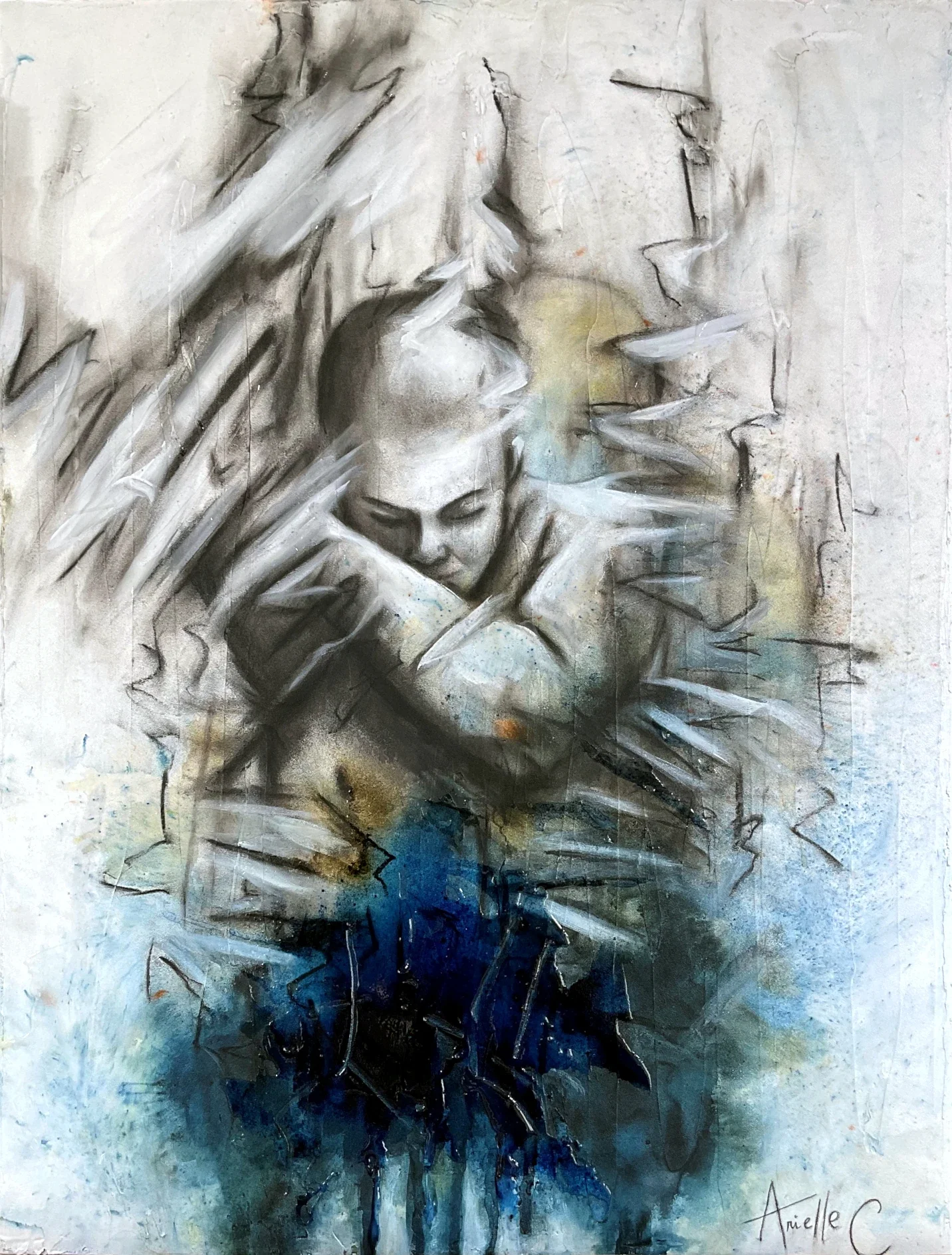 Drawing and painting of a men holding his arm trying to get a hold of himself, with abstract brushstrokes and muted colors.