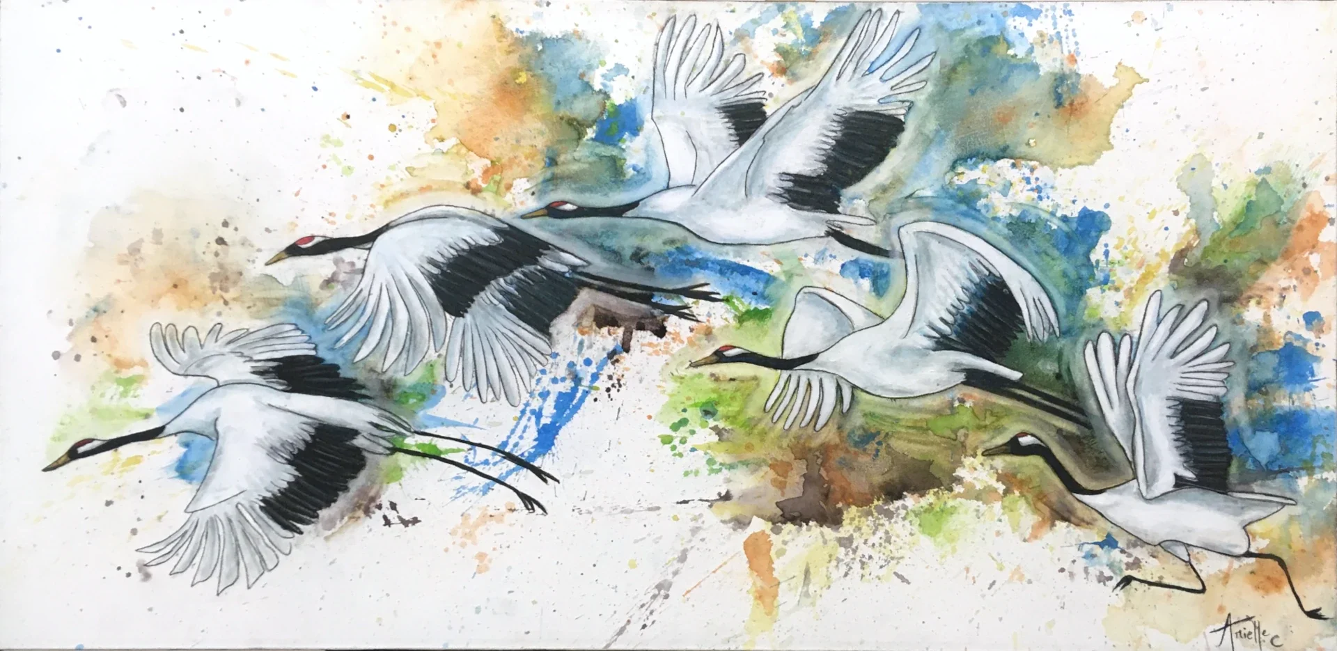Ink painting of a red-crowned crane taking flight