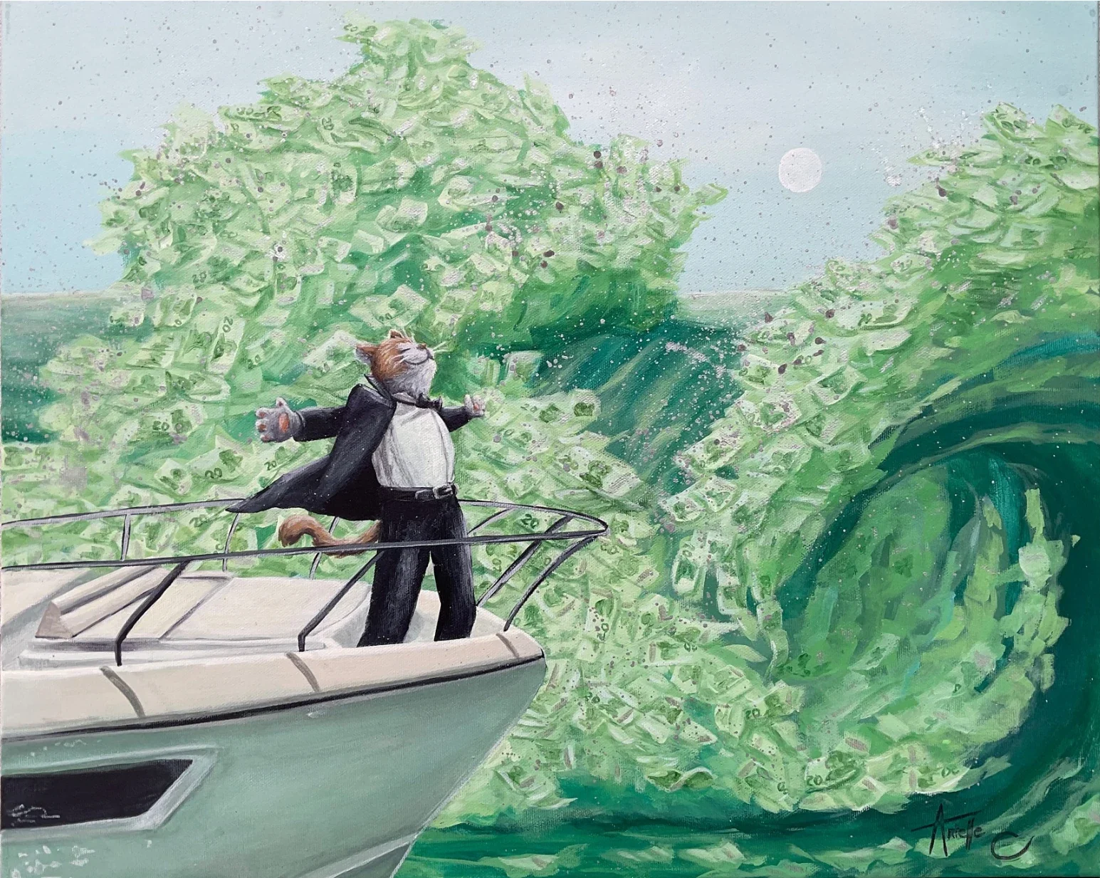 A cat in a tuxedo standing on a boat with arms open, facing a large whirlpool made of floating money bills with a sun in the sky.