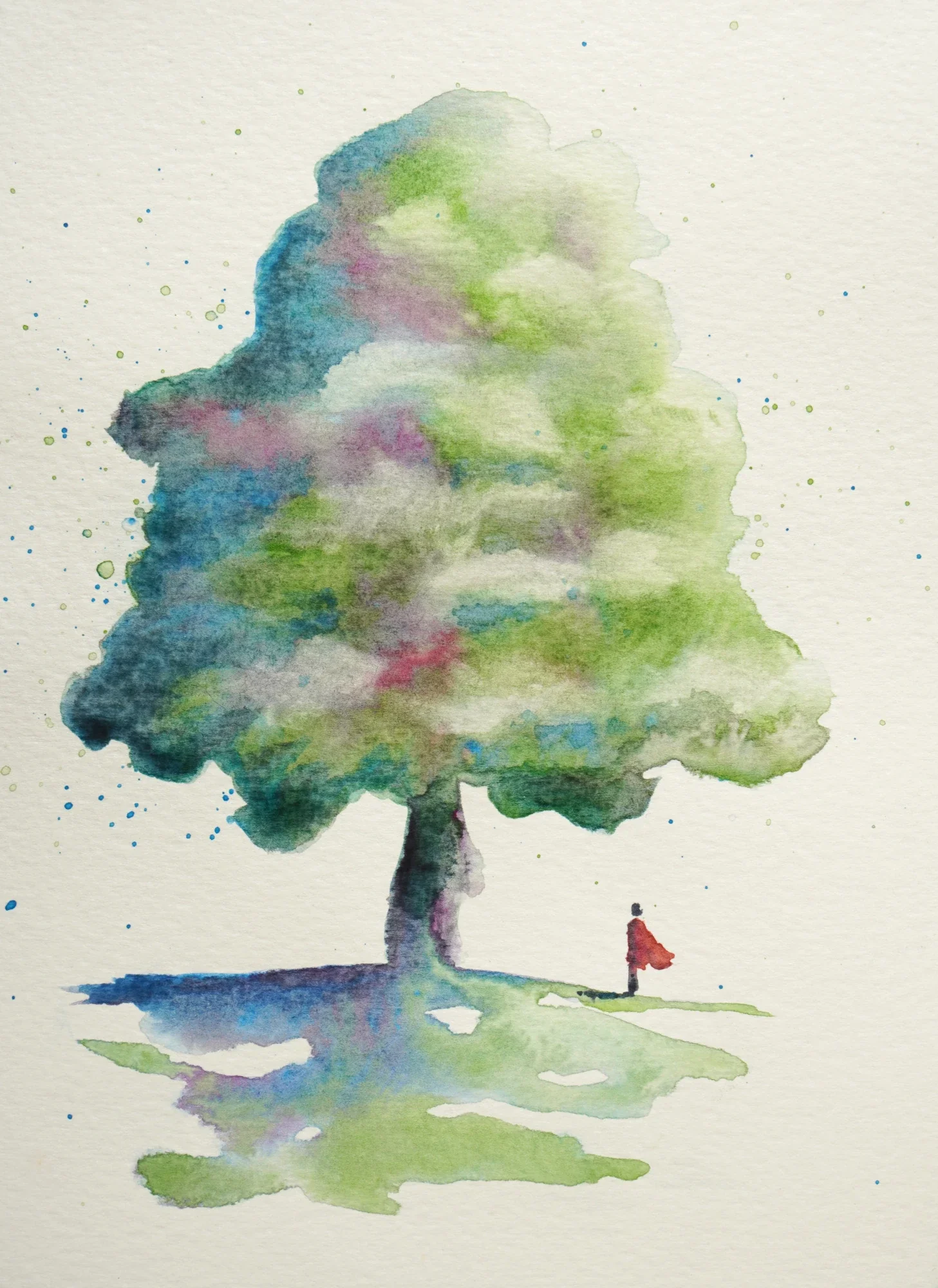 Watercolor painting of a large leafy tree with a person standing beneath it holding a red flag.