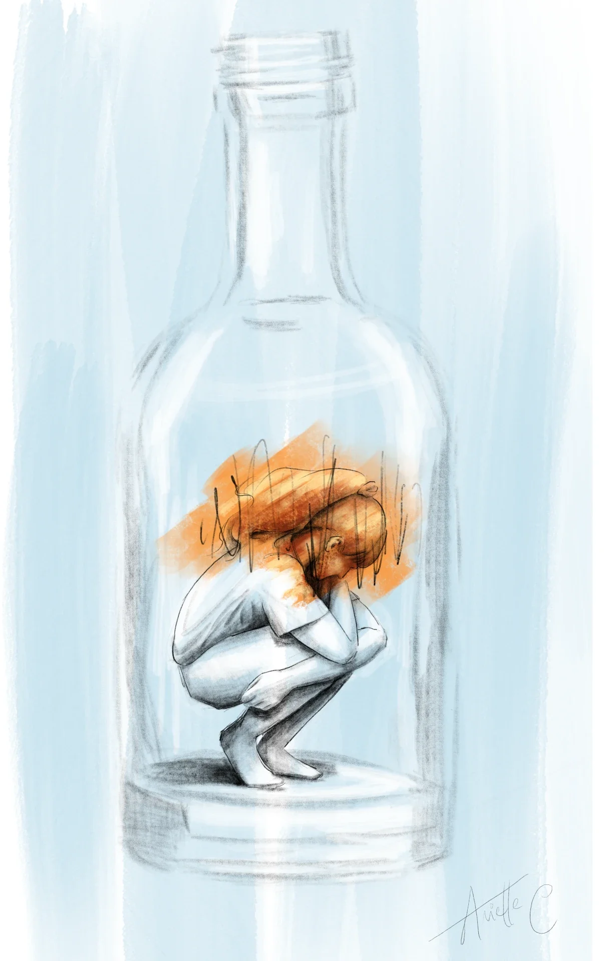 A drawing of a woman with orange hair sitting in a fetal position inside a glass bottle, with a light blue background.