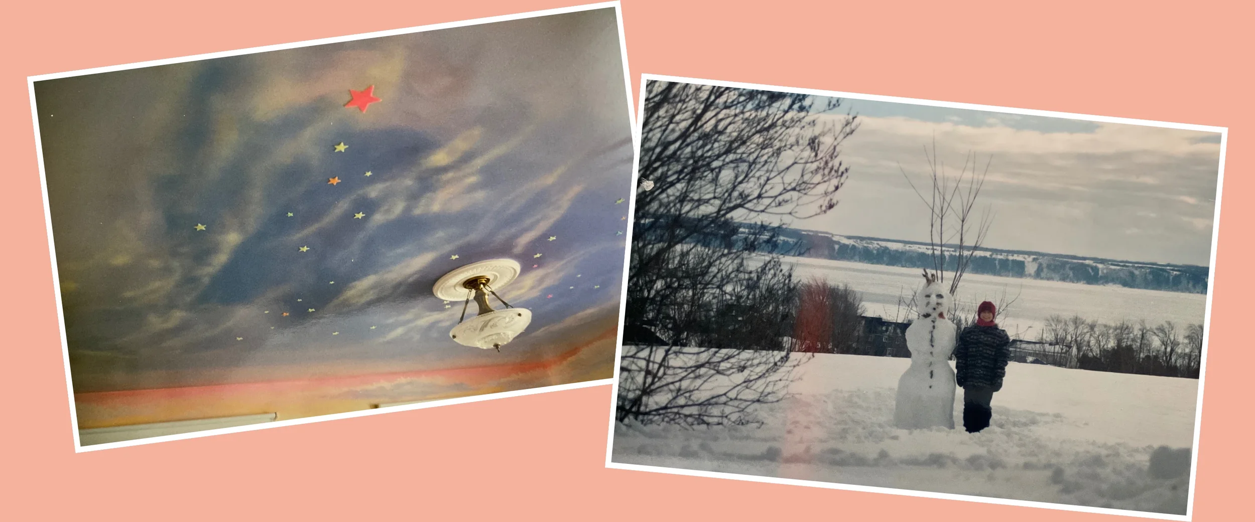 One photo shows a ceiling painted with a starry sky and a chandelier, the other shows a snowman and a child standing in a snowy field with leafless trees and a frozen lake in the background.