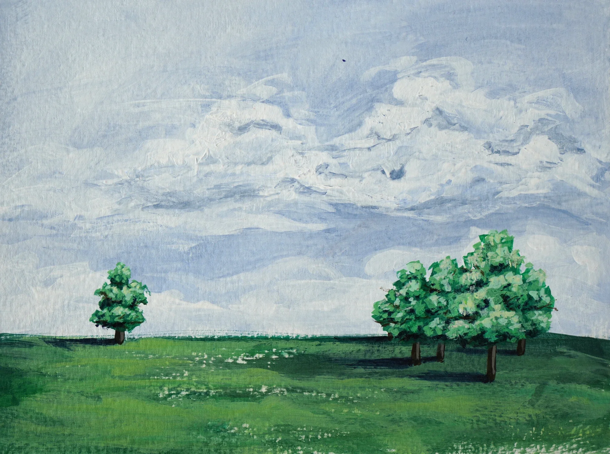 Watercolor landscape featuring a cloudy sky, a small tree on the left, and a cluster of larger trees on the right over a grassy field.