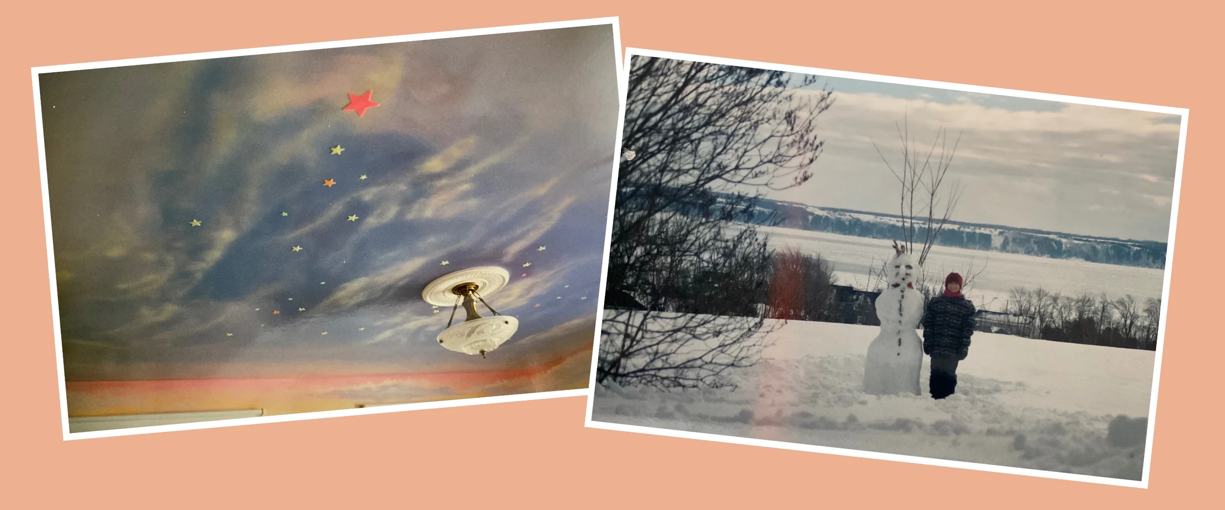 First image shows a ceiling with a chandelier and colorful star-shaped decorations on a painted sky background. Second image depicts a winter landscape with a snowman and a child standing next to it, in a snowy field with trees and hills in the distance.