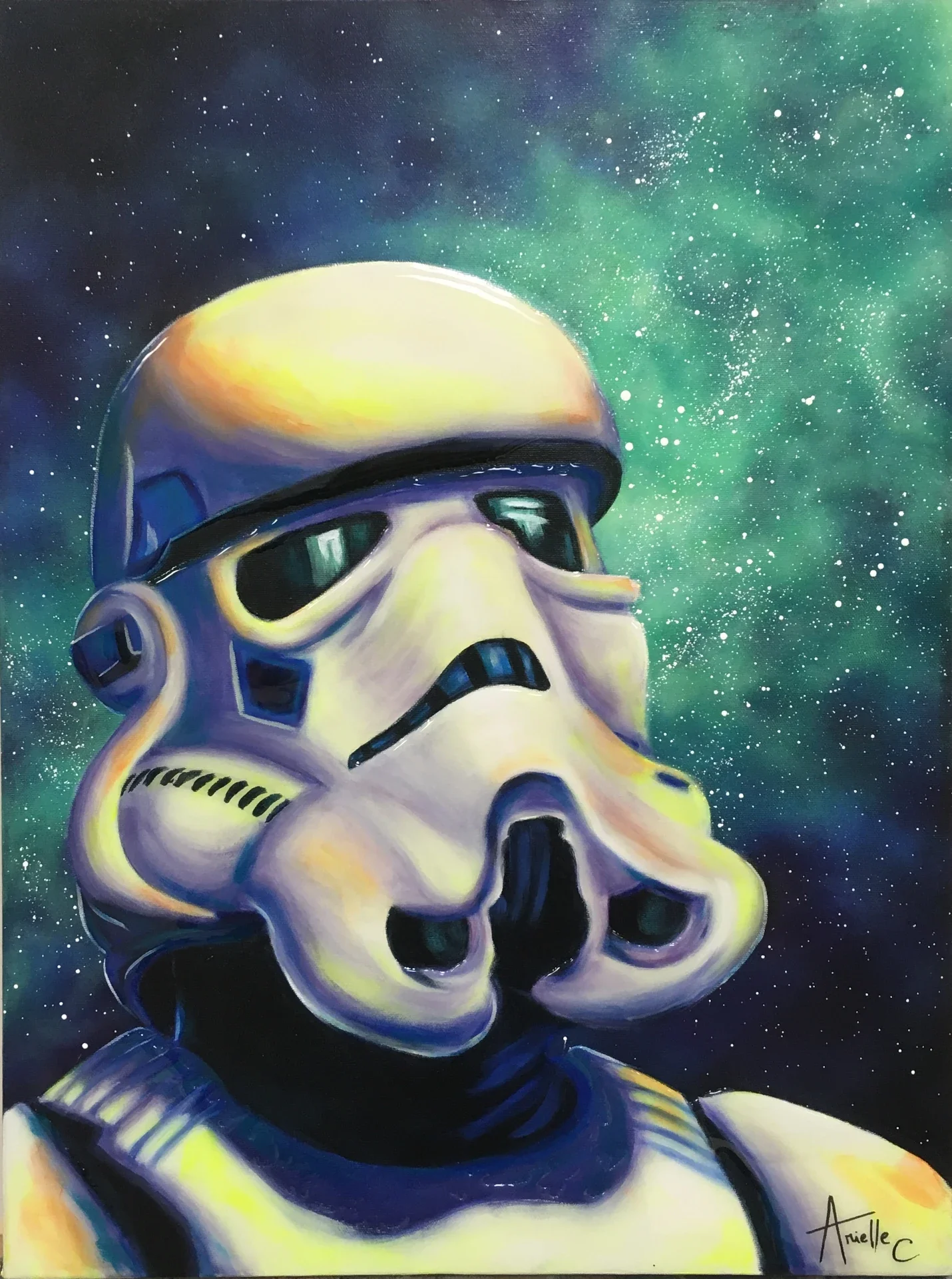 A painting of a stormtrooper from Star Wars, set against a colorful space background with stars and green nebula.