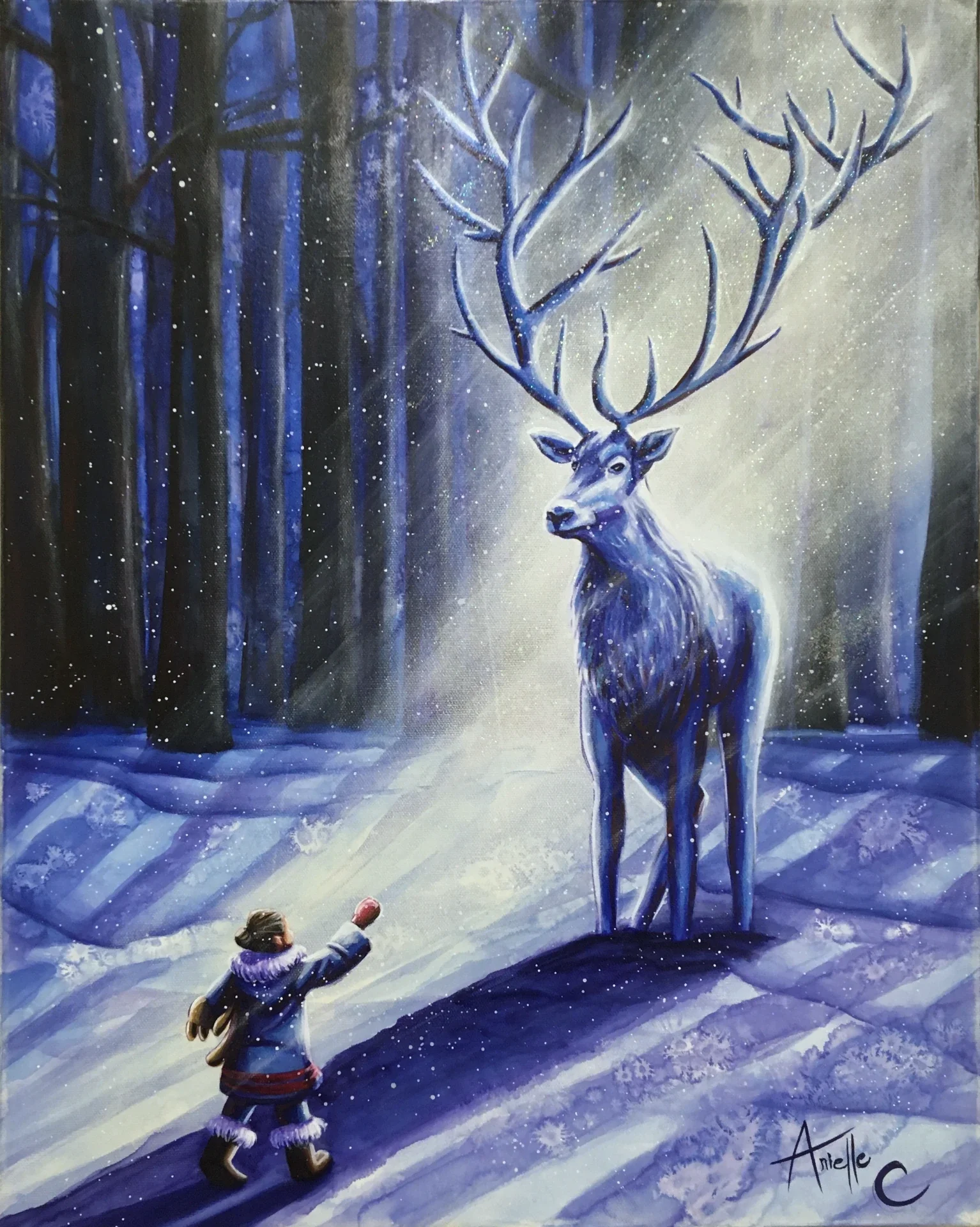 Acrylic painting of a child meeting a majestic deer in a blue forest during winter