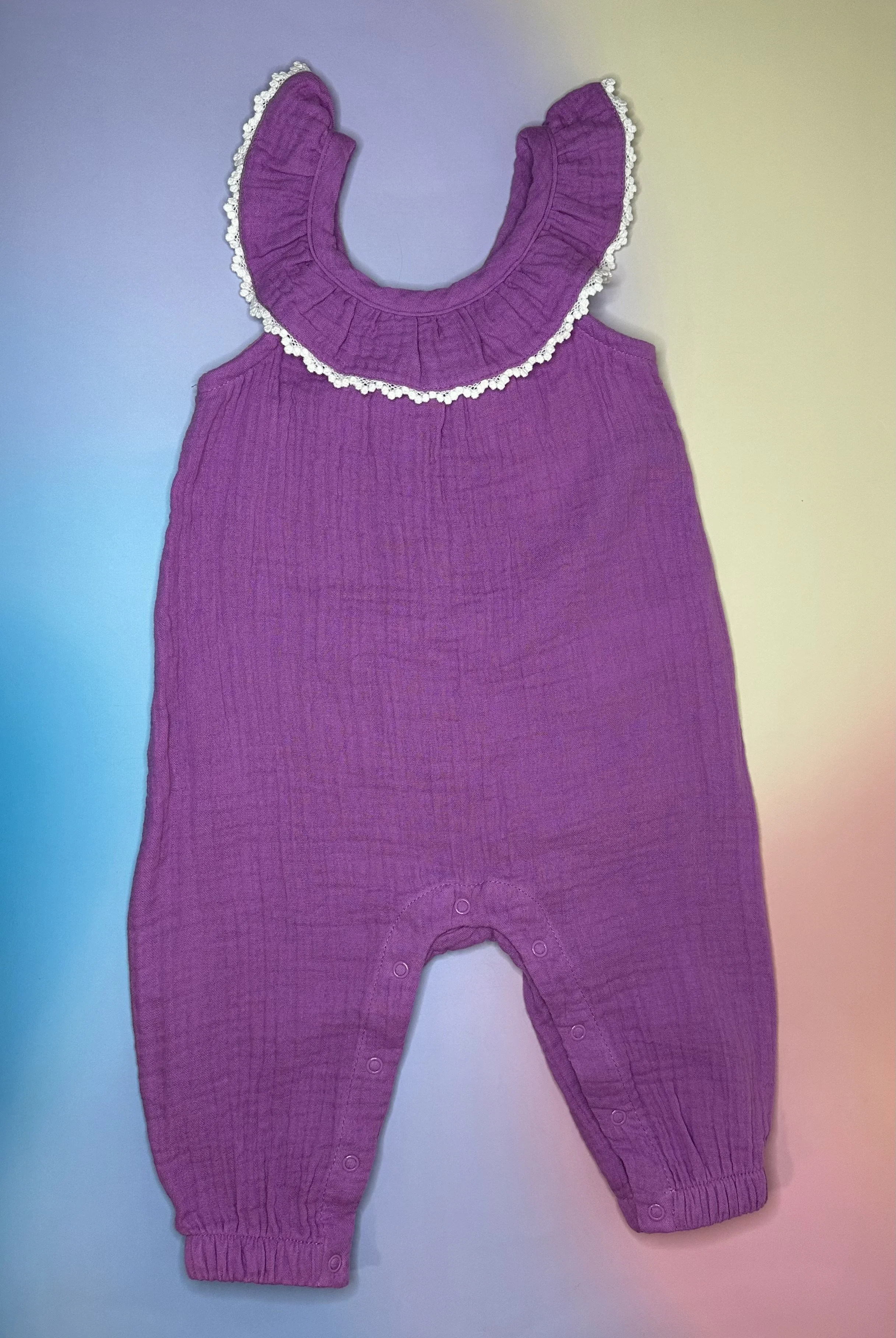 Purple Muslin Ruffle Strap Romper - 3-6 Months Front.jpg