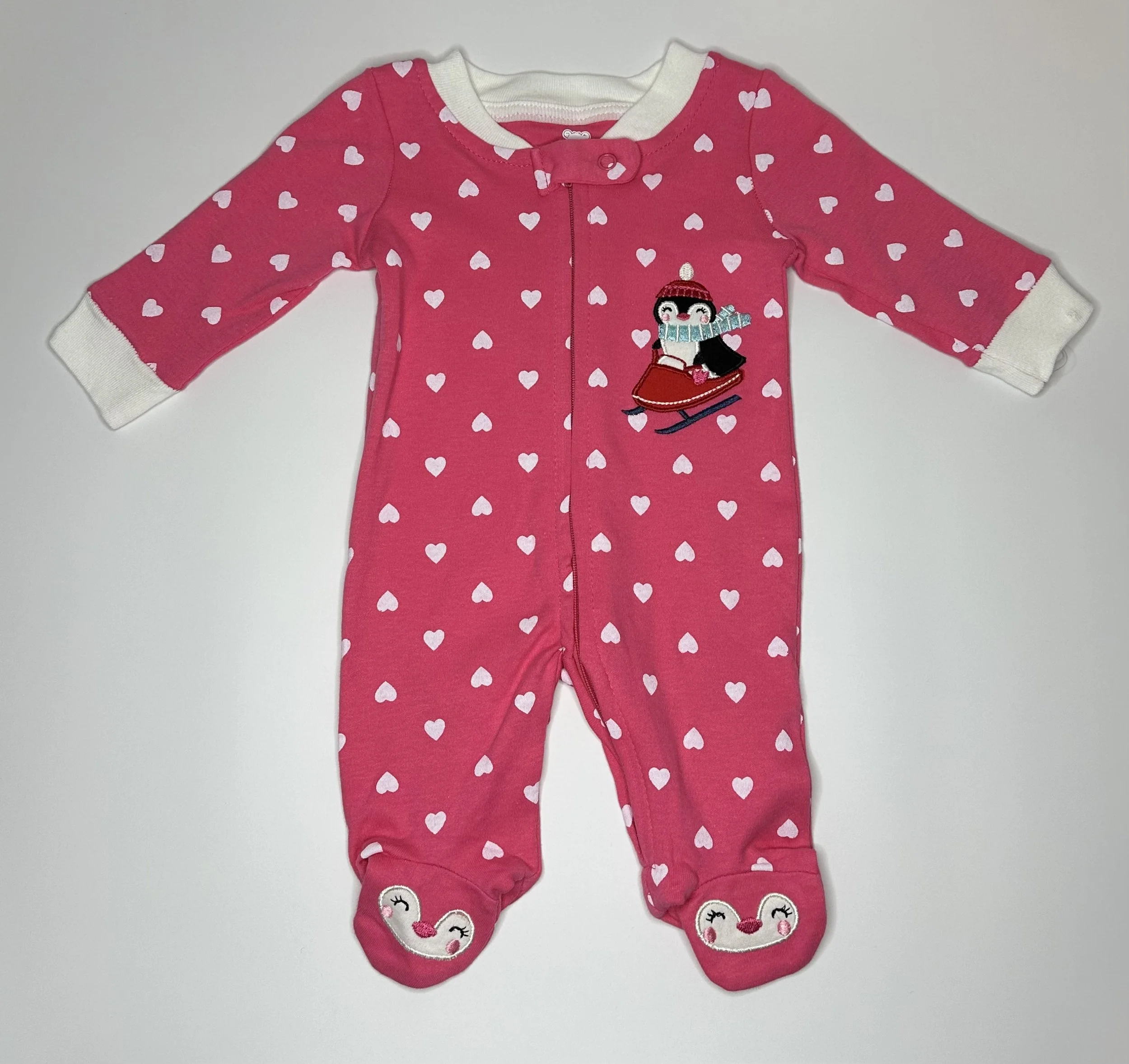 Pink Heart Penguin Footed Baby Sleeper (NB / 3-6 mos)
