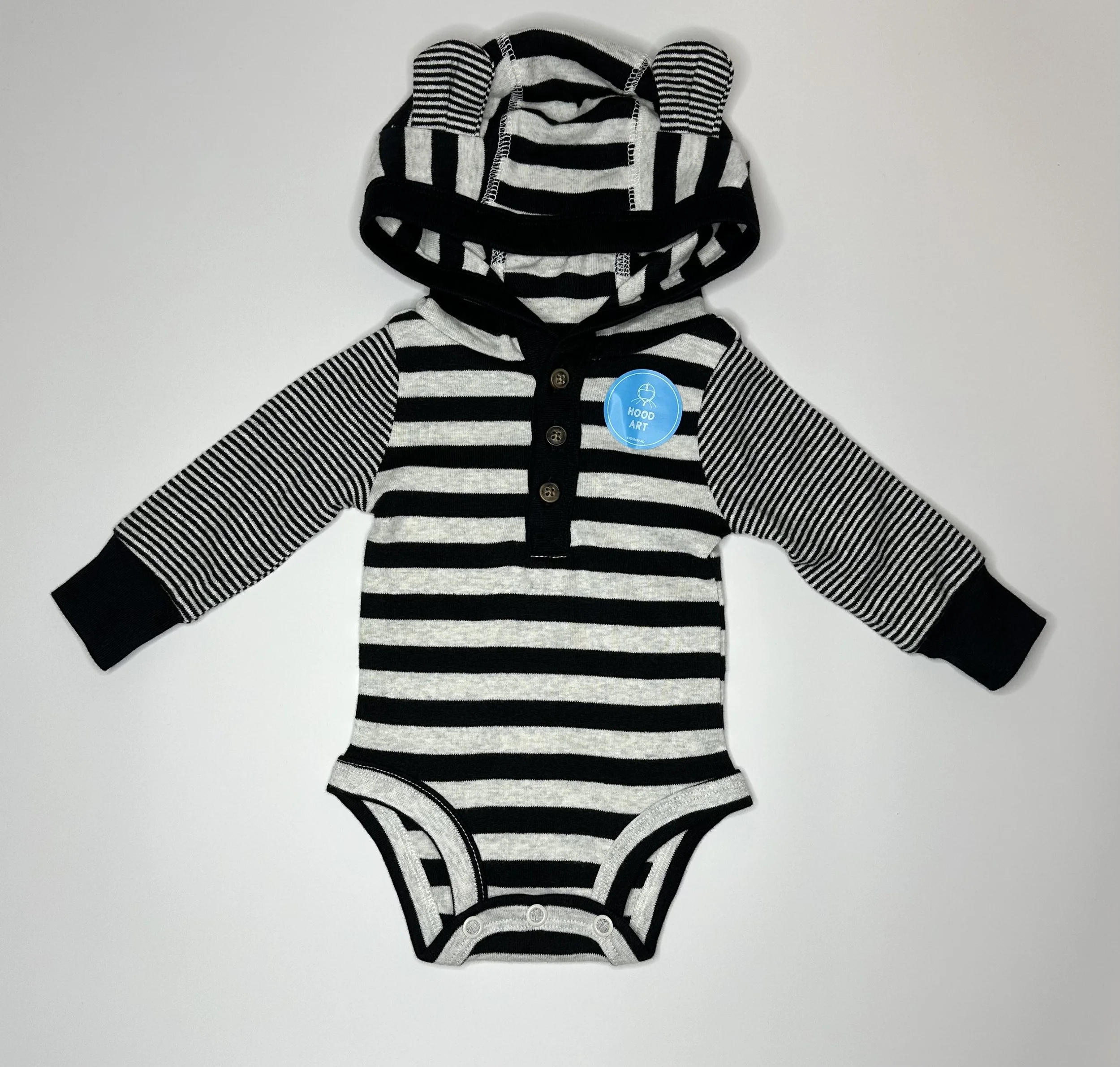 Black & Gray Striped Hooded Baby Onesie (NB)