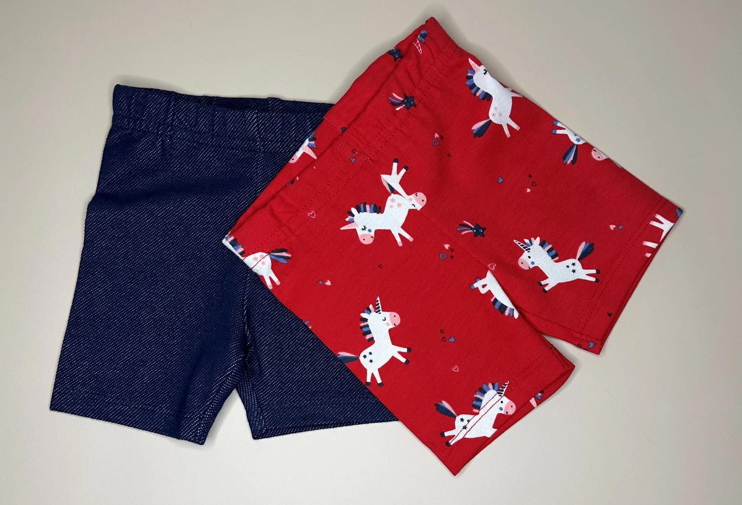 Baby Shorts Set – Navy Basics & Red Unicorn Print (3-6 / 12 mos)