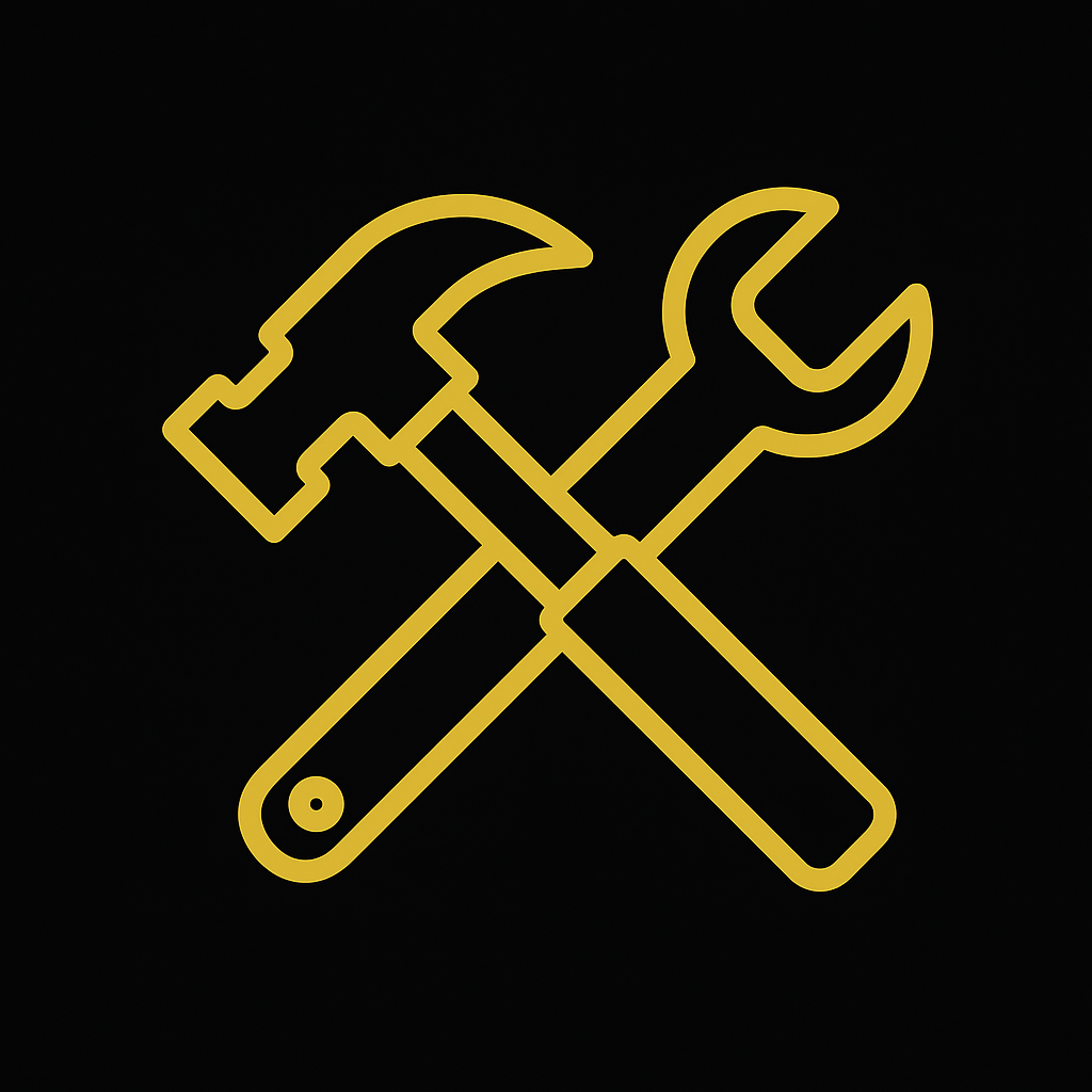 Yellow outline of a hammer and wrench crossed on a black background.