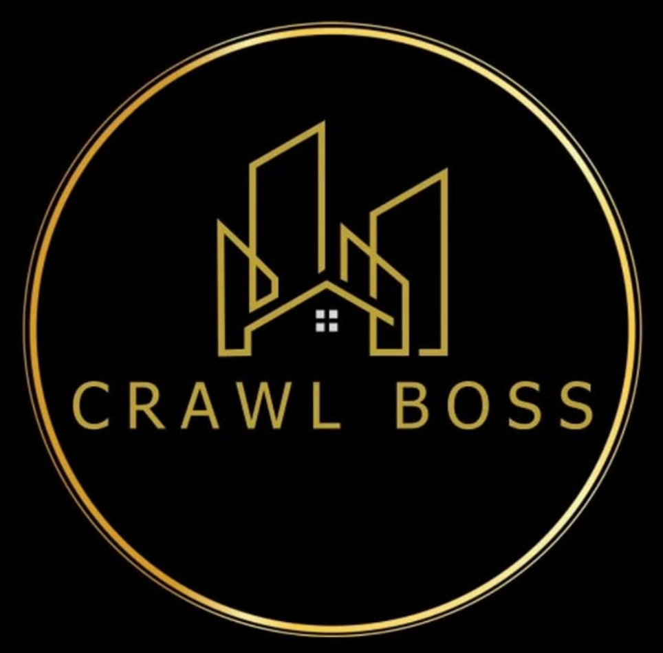 A logo for 'Crawl Boss' featuring a stylized gold outline of buildings with a small house in the center, all enclosed in a gold circle on a black background.
