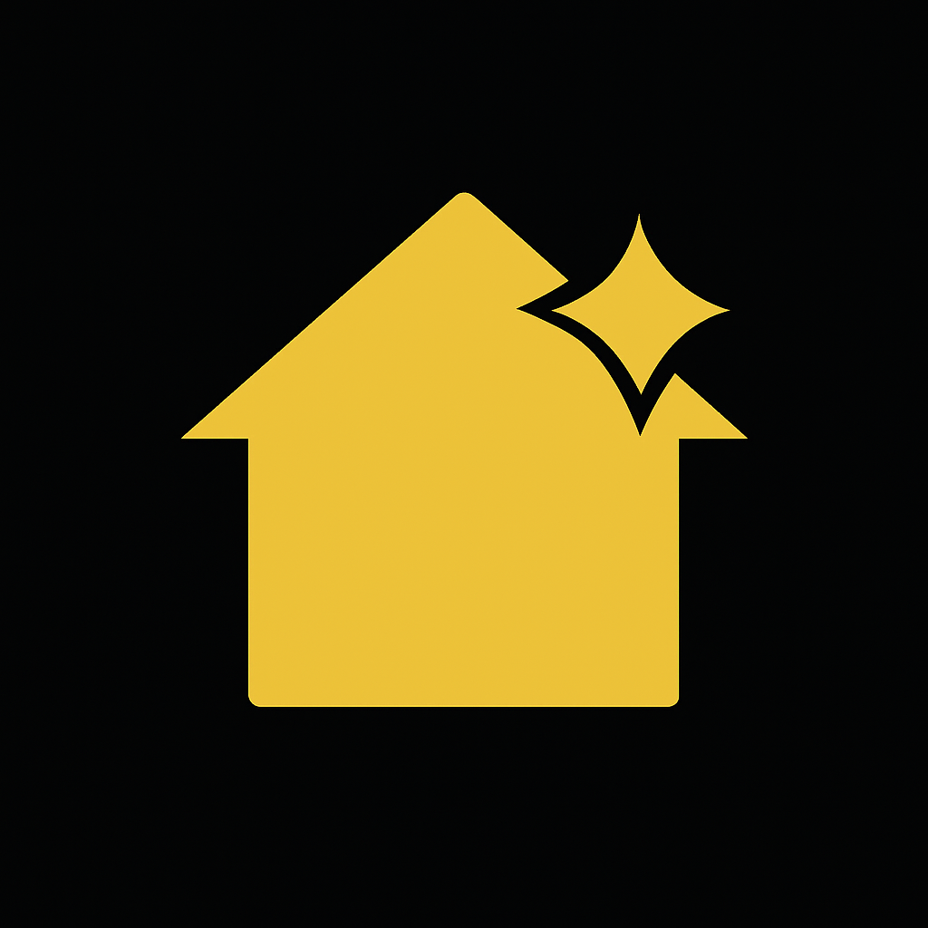 Yellow house icon with a sparkle on the top right corner against a black background.