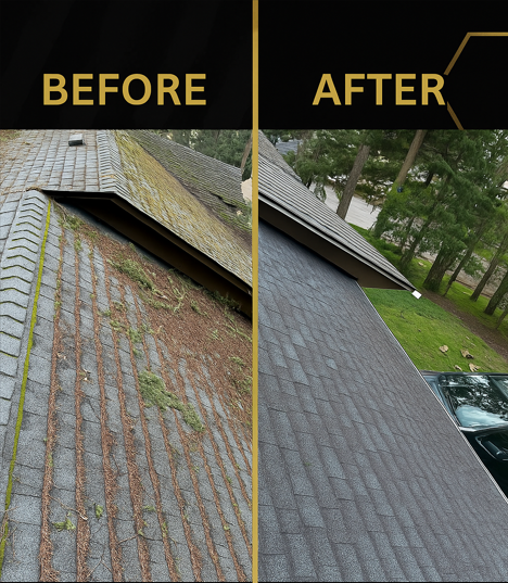 Comparison of a roof before and after cleaning and repair. The left side shows a roof with moss, dirt, and damage, while the right side shows a clean, repaired roof with new shingles.