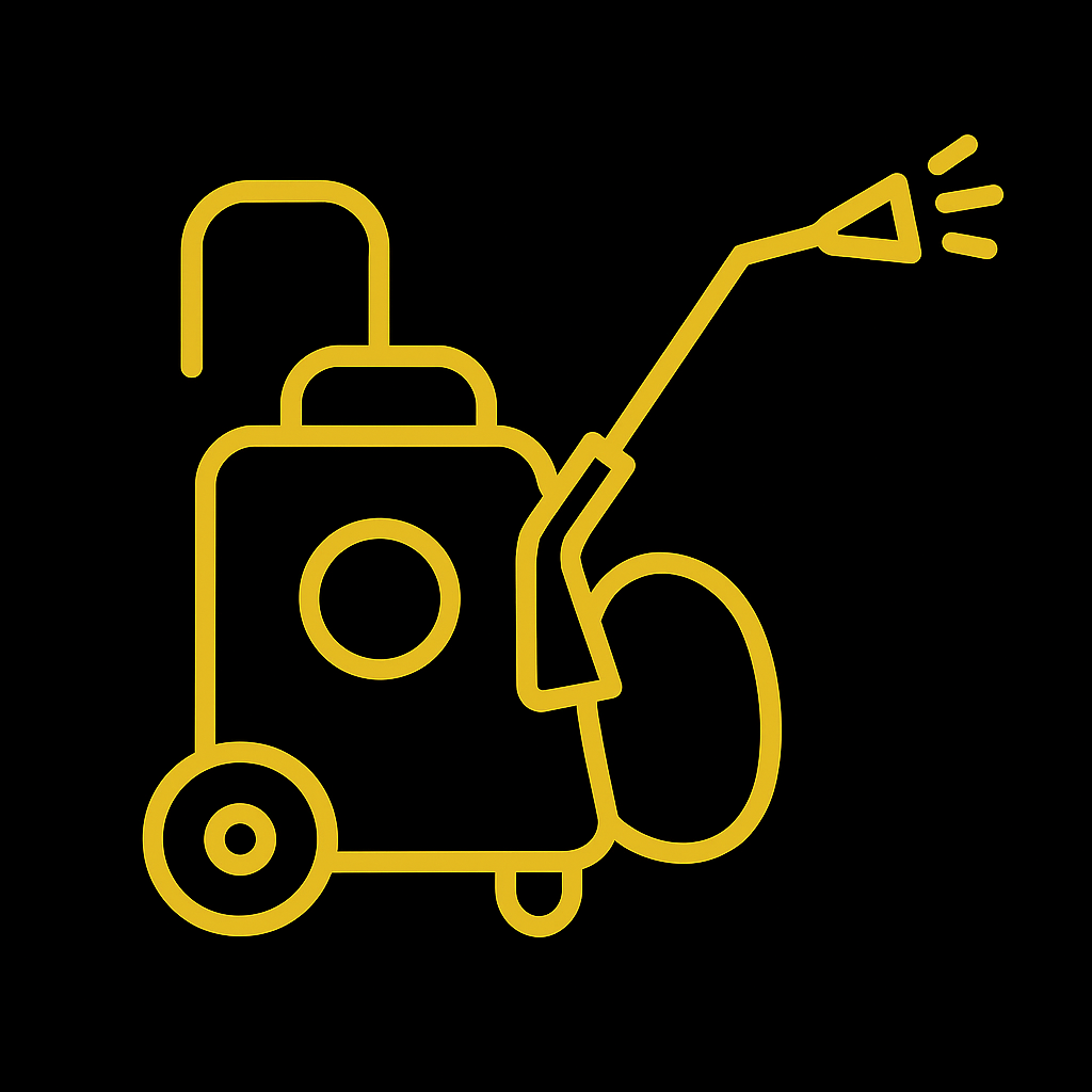 Neon sign of a pressure washing, depicted in yellow lines on a black background.