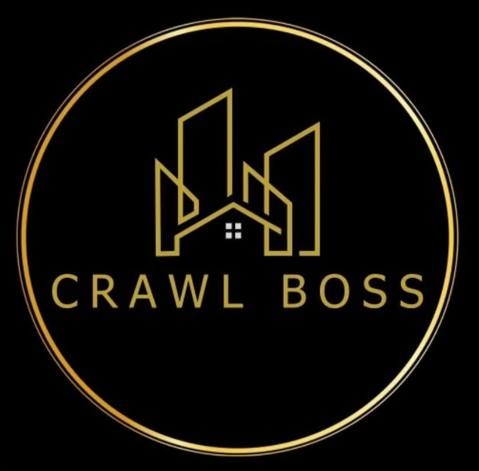 Black circular logo with gold outline and design, featuring an abstract city skyline above a small house with a window. Text reads 'CRAWL BOSS' in gold capital letters.