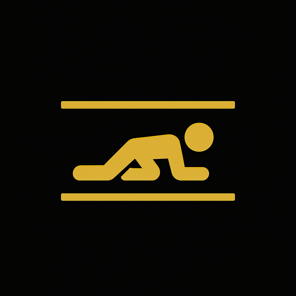Yellow warning sign depicting a person crawling on hands and knees, indicating crawl space.