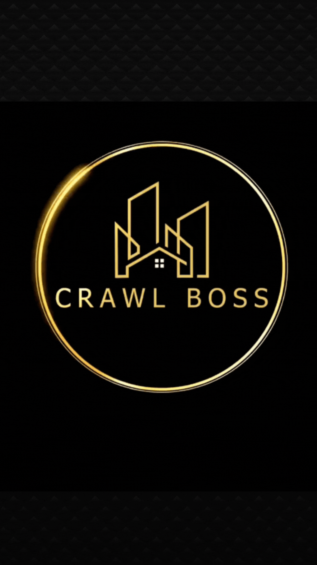 Gold and black logo featuring a house with windows and a roof, styled with skyscraper-like buildings, and the words 'Crawl Boss' below it.