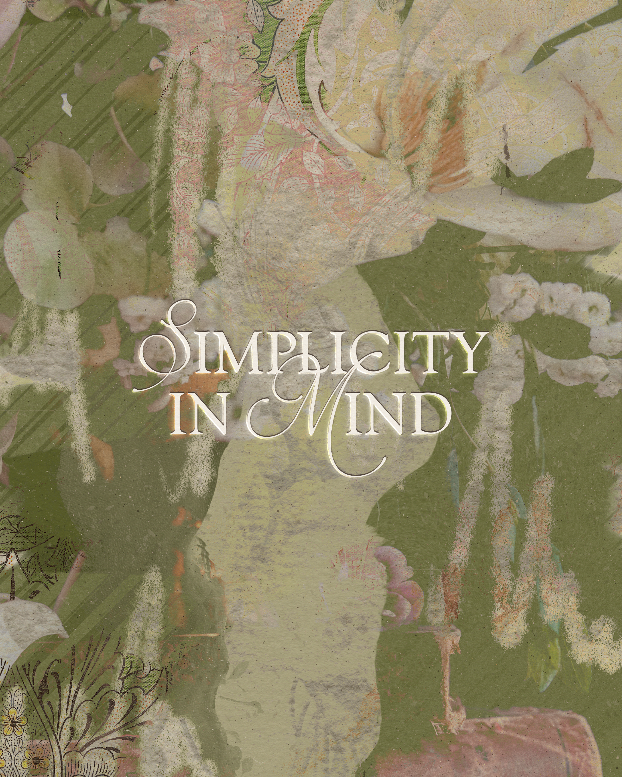 A floral-themed background with the words 'Simplicity in Mind' in elegant white and peach lettering.