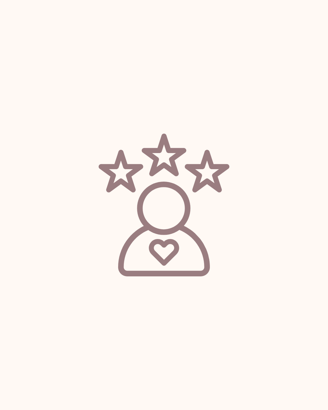 Line drawing of a person with a heart on their chest, surrounded by three stars above their head.