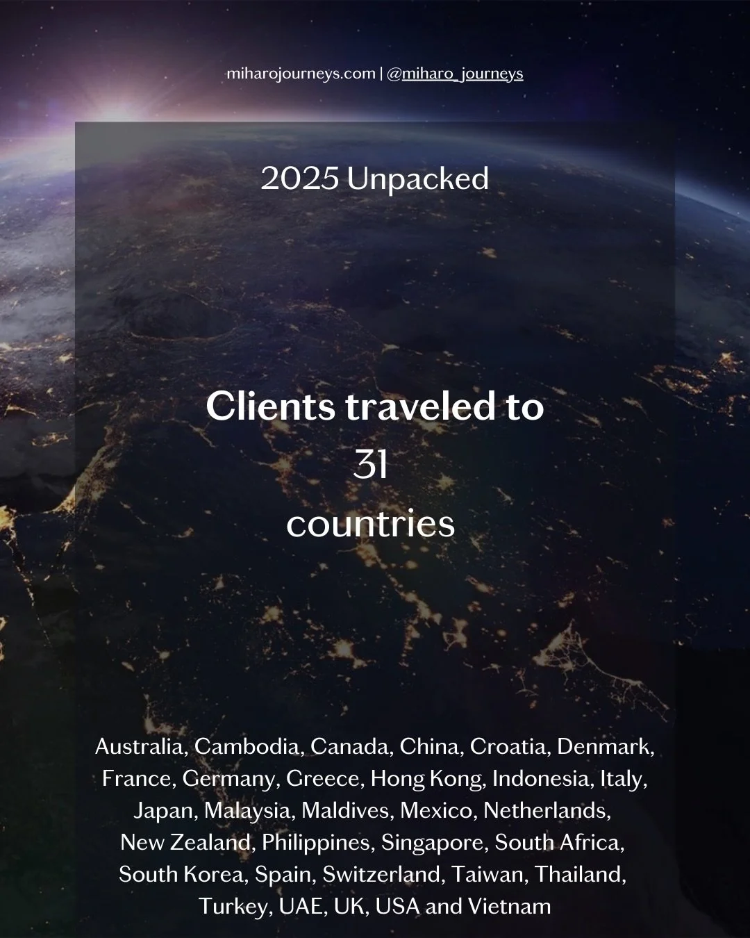 2025, unpacked.
From milestone trips to simple escapes and corporate retreats, thank you to my clients for trusting me with your travel. 2026 is already calling. 

And thank you for hotels and suppliers for looking after our mutual clients. 

#2025wr