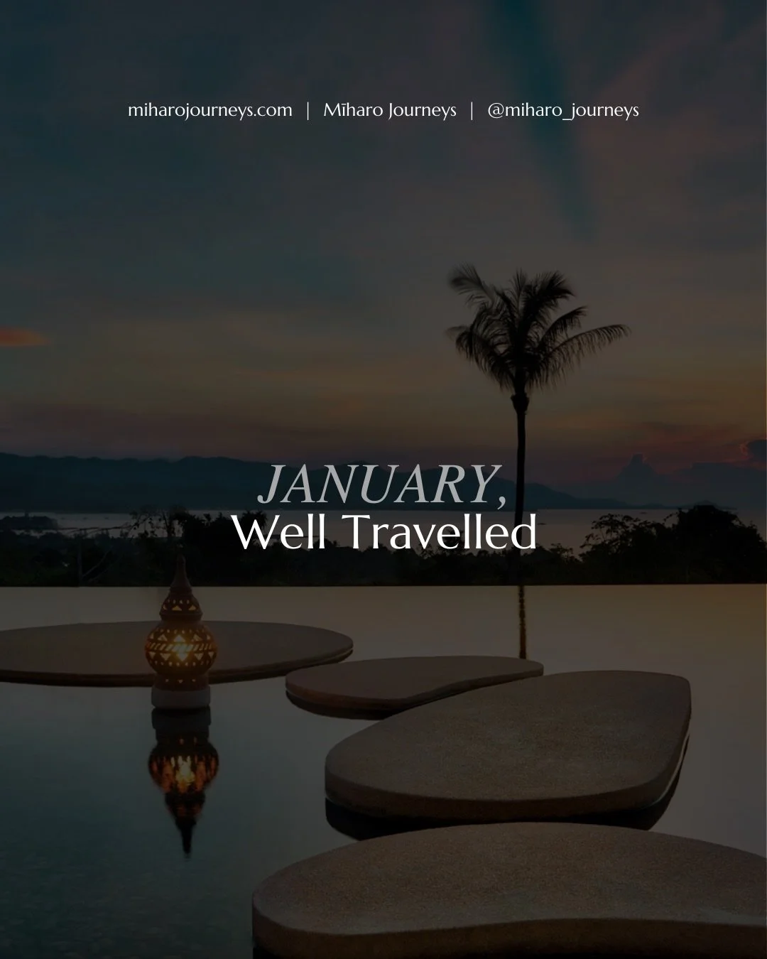 January, well travelled.

City lights at midnight.
Slow mornings above the skyline.
Quiet courtyards steeped in history.
Ocean air, salt on sun‑warmed skin.
Winter in Tokyo. Summer in Melbourne.
Anniversaries. Quick escapes. Long-awaited resets.

Dif