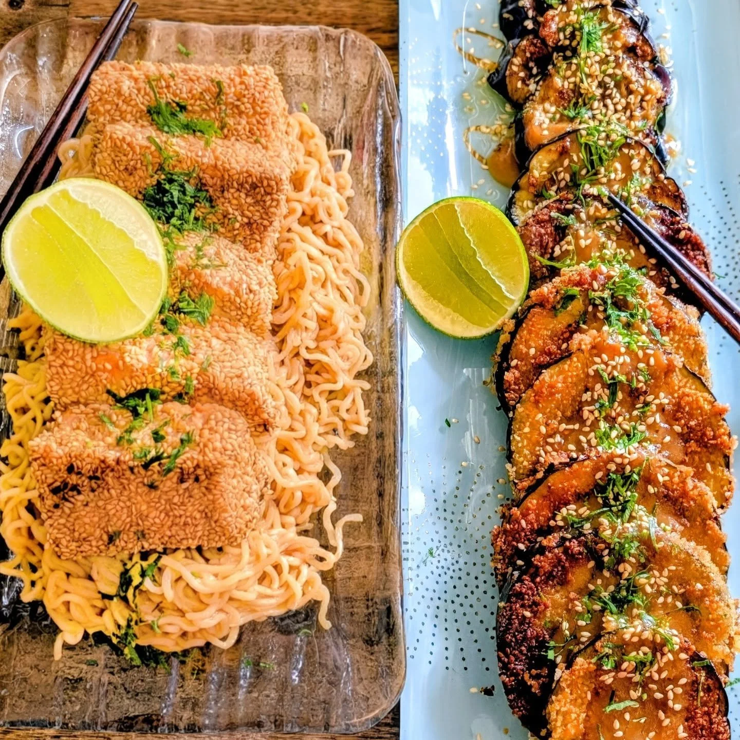 Japanese style Eggplant with Salmon Sesame seeds served with Stir-fry Miso noodles.

Artisan Meals Company makes sure to get the freshest ingredients to create your meals tailored to your preferences.

We do the menu according to your needs or goals.