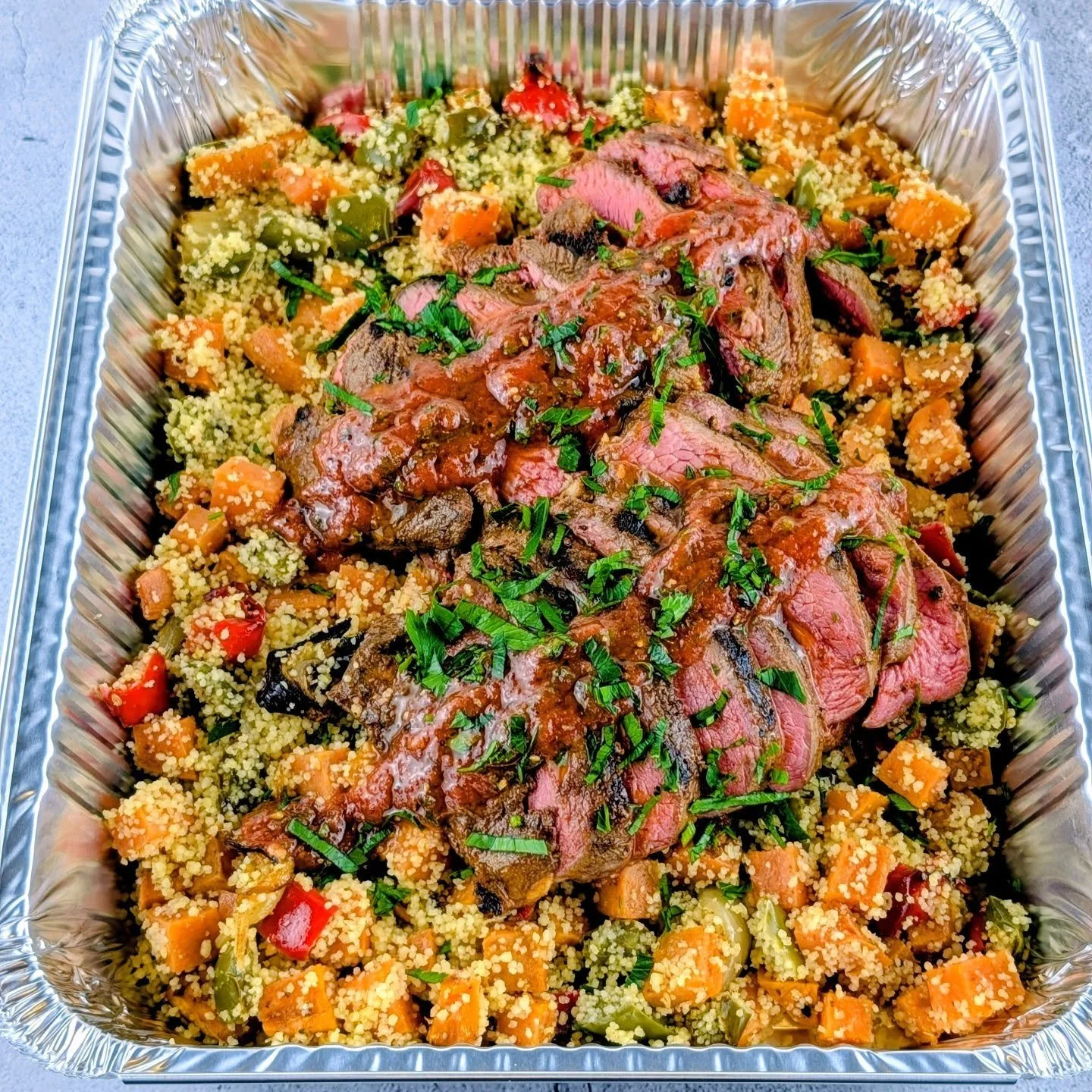 Sous-Vide Lamb rump with Harissa and spices served with Couscous &amp; Roasted sweet potato and capsicums.

This is what restaurant-quality looks like at home.
At Artisan Meals Company, we create healthy, nutritious meals completely from scratch &mda
