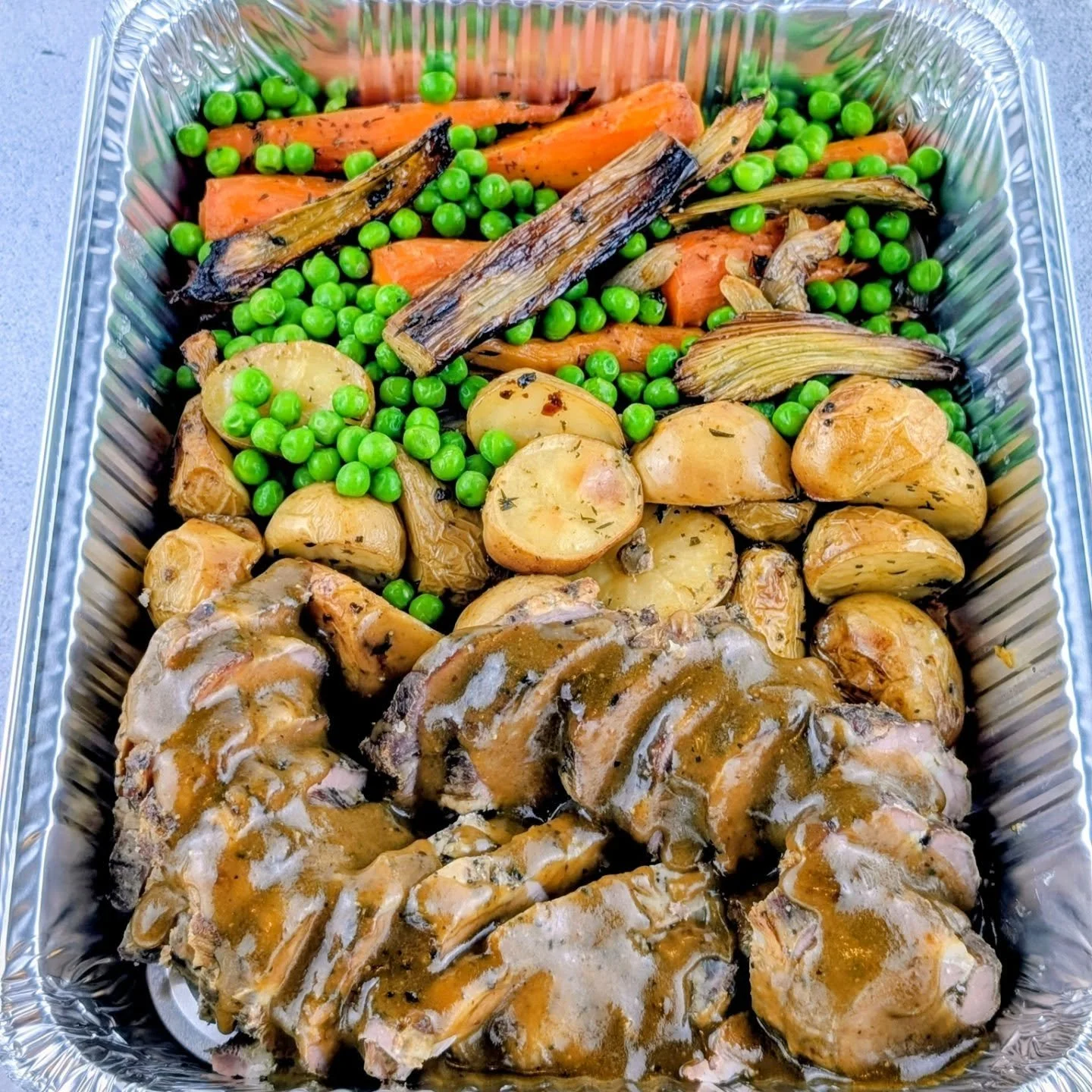 Slow-roasted vegetables &amp; mini Lamb shoulder roast served with a Pan Jus using the cooking juices of the meat and the vegetables deglazed with a dash of premium quality white wine that's it, no powder or liquid stock, msg or any additives only re