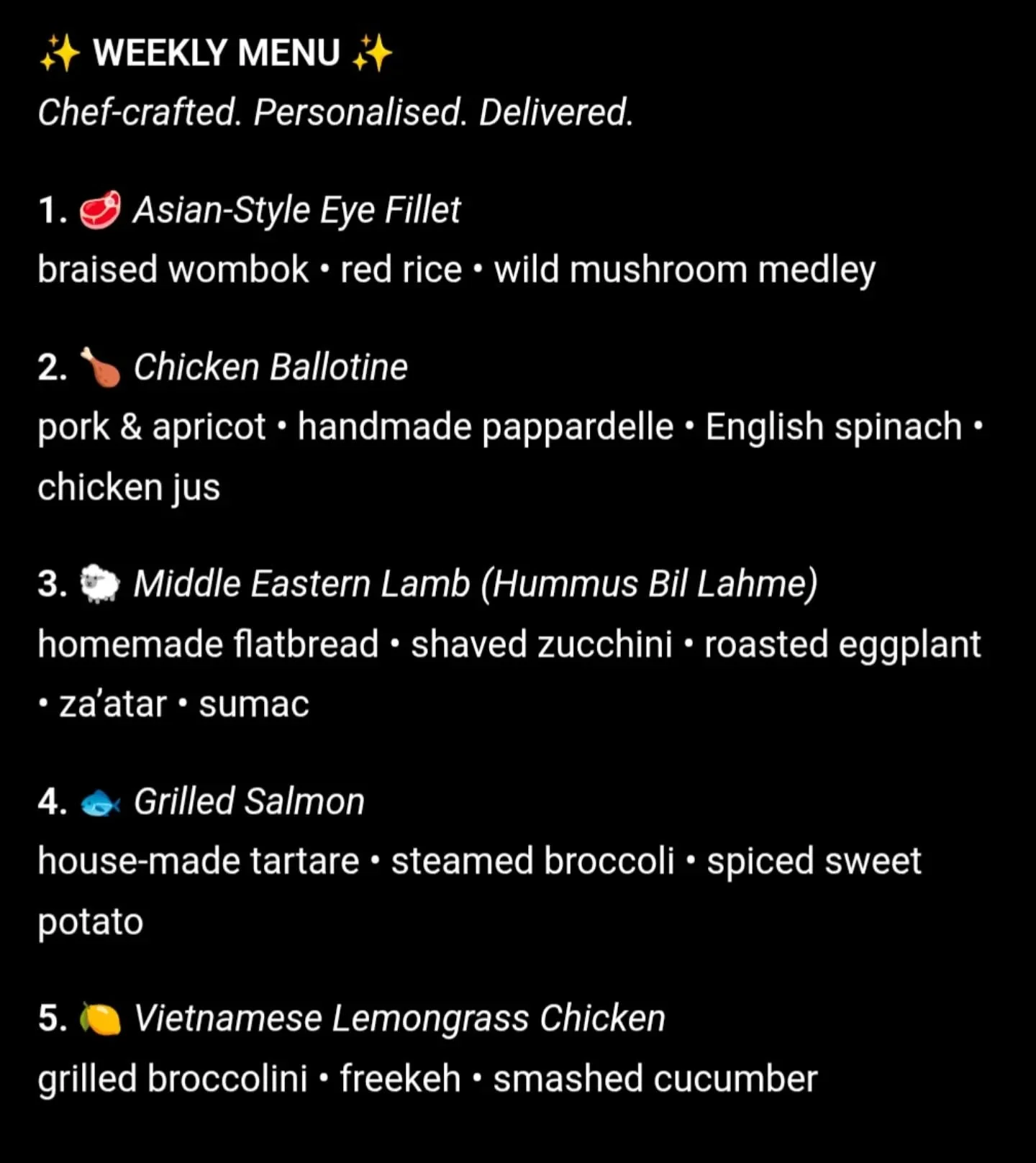 ✨ WEEKLY MENU ✨
*Created for one of our clients*

Every menu we design is fully personalised&mdash;built around your goals, preferences, and lifestyle.

At Artisan Meals Company, we bring you the experience of a private chef, without stepping into yo