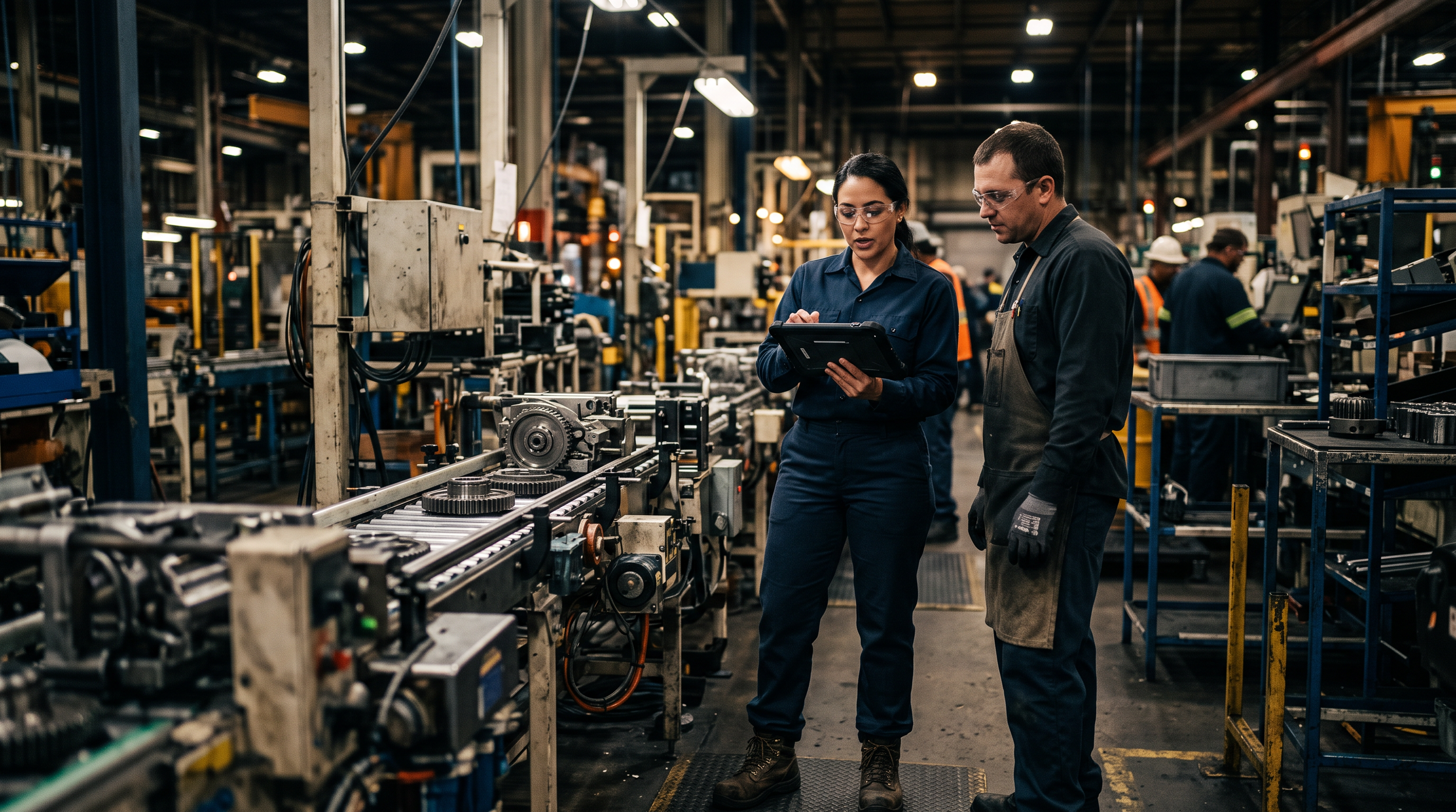 Frontline supervisor and operator reviewing operational signals on a tablet beside production equipment.