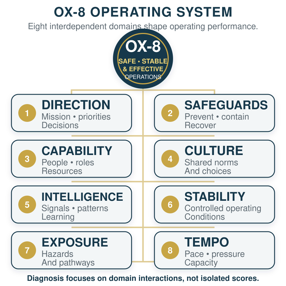 OX-8 operating-system map showing eight interdependent domains: Direction, Safeguards, Capability, Culture, Intelligence, Stability, Exposure, and Tempo.