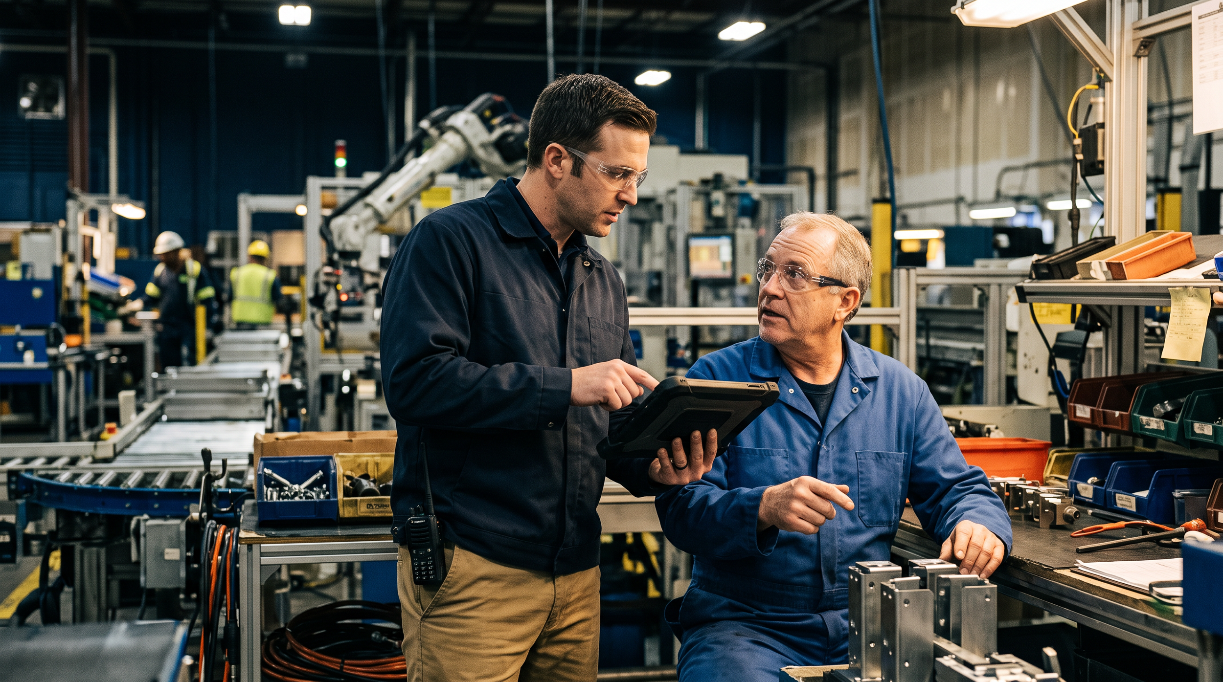 Manufacturing operator and consultant examining equipment conditions during a Work as Done conversation.