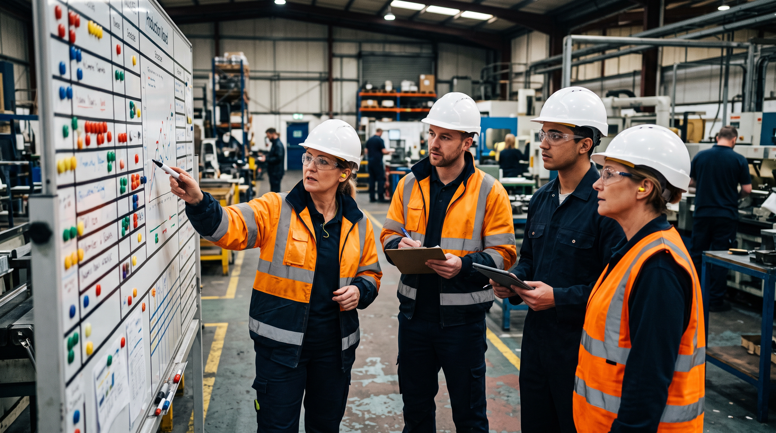 Cross-functional manufacturing team reviewing barriers and action priorities at a production board.