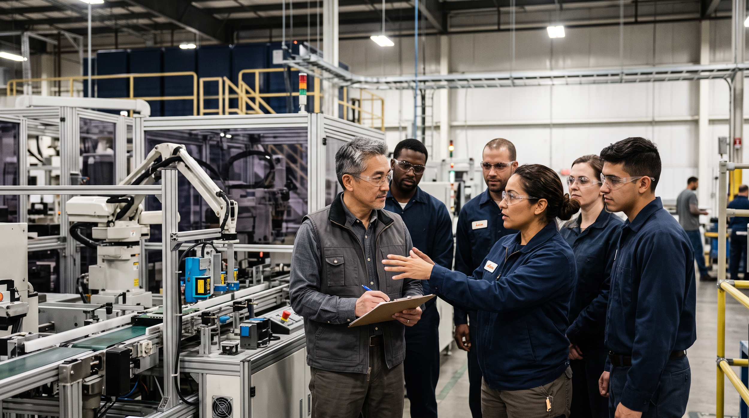 Frontline operators and consultant discussing production conditions during a manufacturing floor walk.