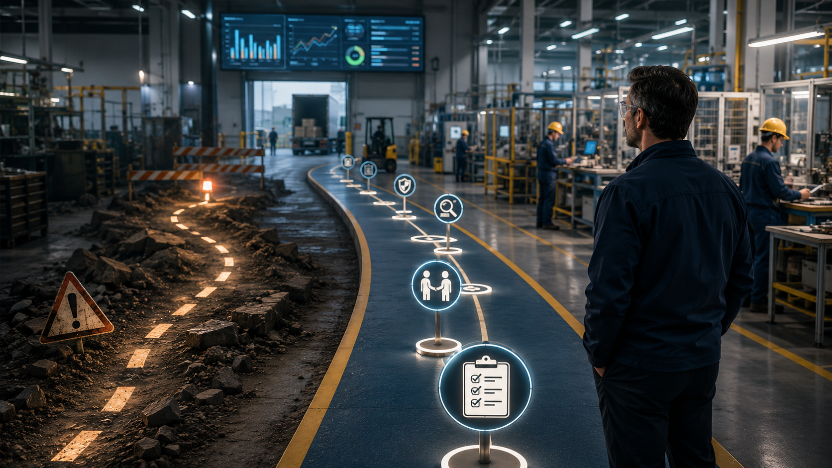 Manufacturing leader observing production operations and performance data on the factory floor.