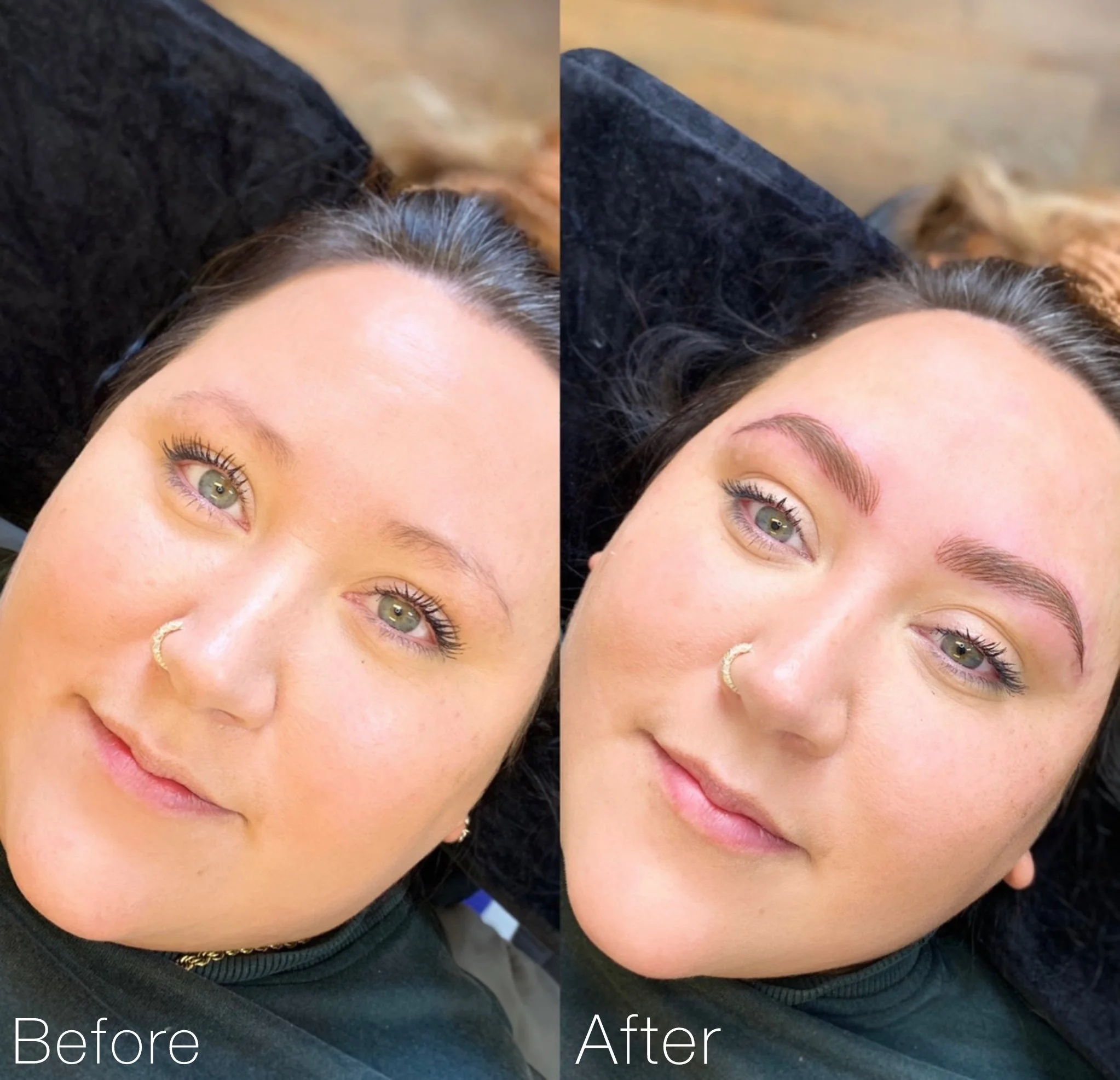 Side-by-side comparison of a woman before and after eyebrow enhancement, showing natural eyebrows before and fuller, shaped eyebrows after, with a close-up of her face lying down.