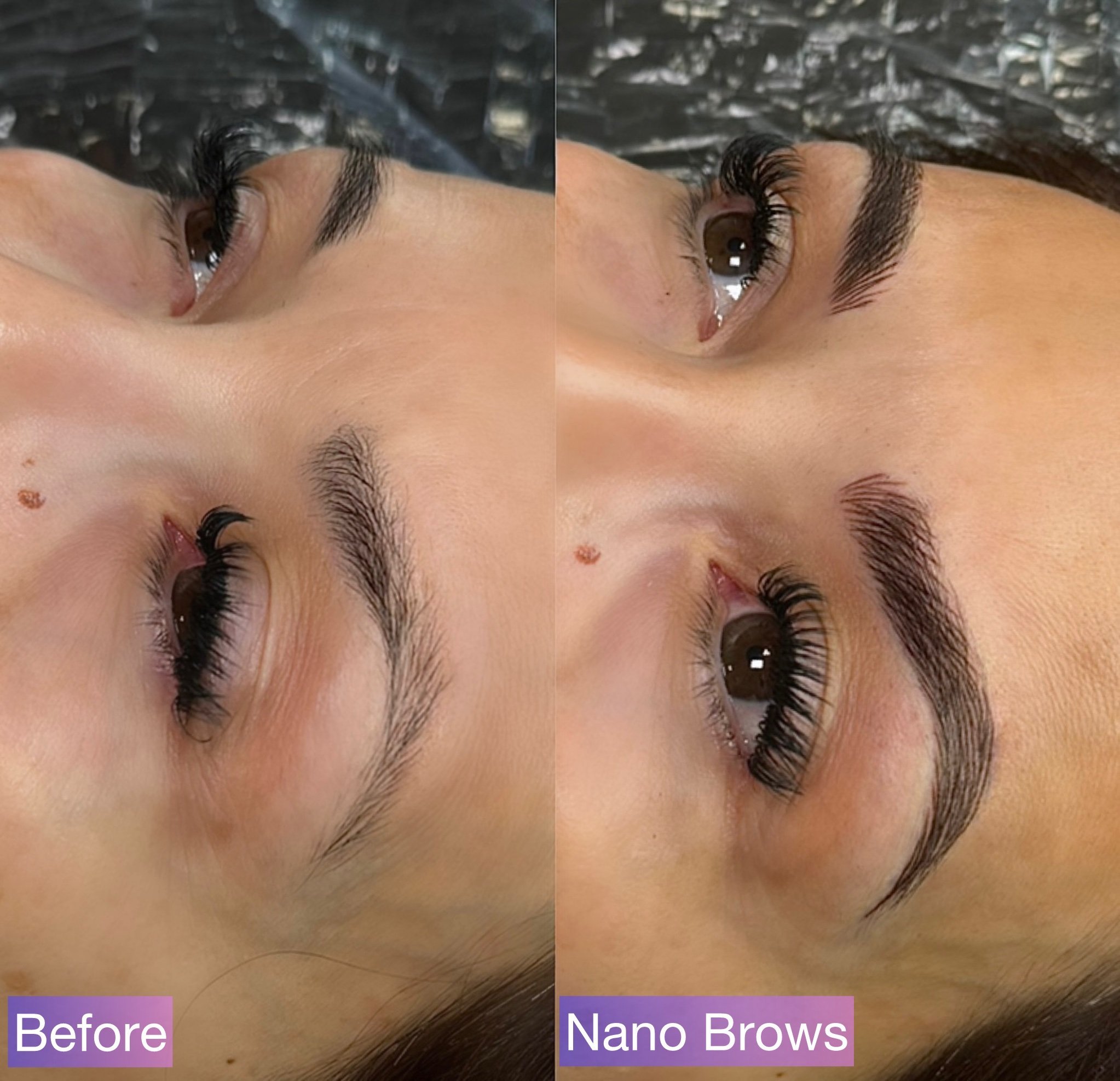 Comparison of a woman's eyebrows before and after getting nano brow tattooing. The 'Before' side shows sparse, uneven eyebrows, while the 'Nano Brows' side shows fuller, well-defined eyebrows.